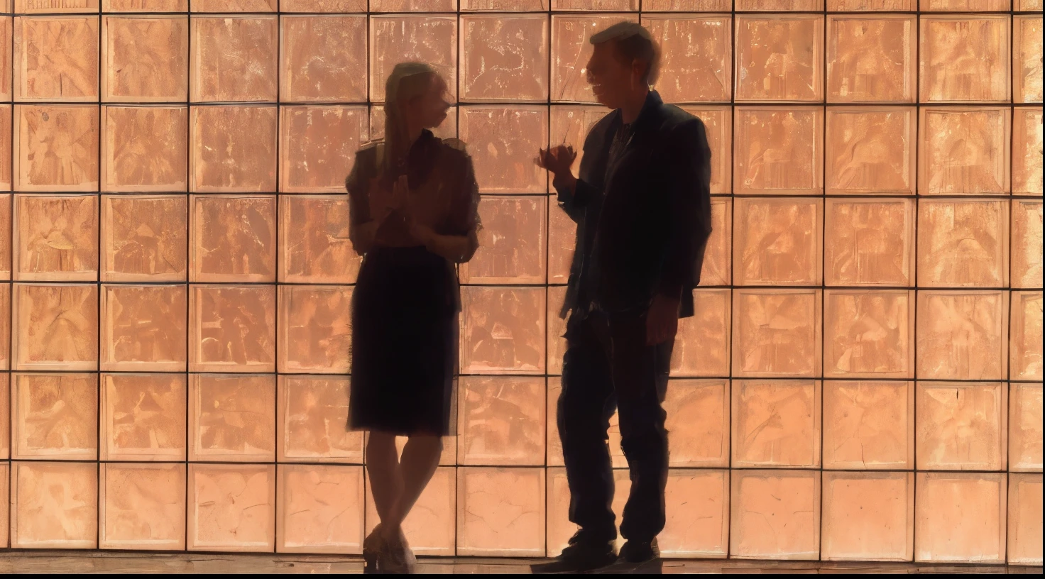 there are two people standing in front of a glass wall, kim wexler and saul goodman, still from better call saul, perfectly lit. movie still, high quality film still, promo still, backlit, photoshoot, film promotional still, better call saul scene 1 0 8 0 p, promotional still, movie film still, high quality movie still, hq ”, promo shot. Pixel art. Incredible pixel art details. Pixel art. Detailed unreal engine pixel art