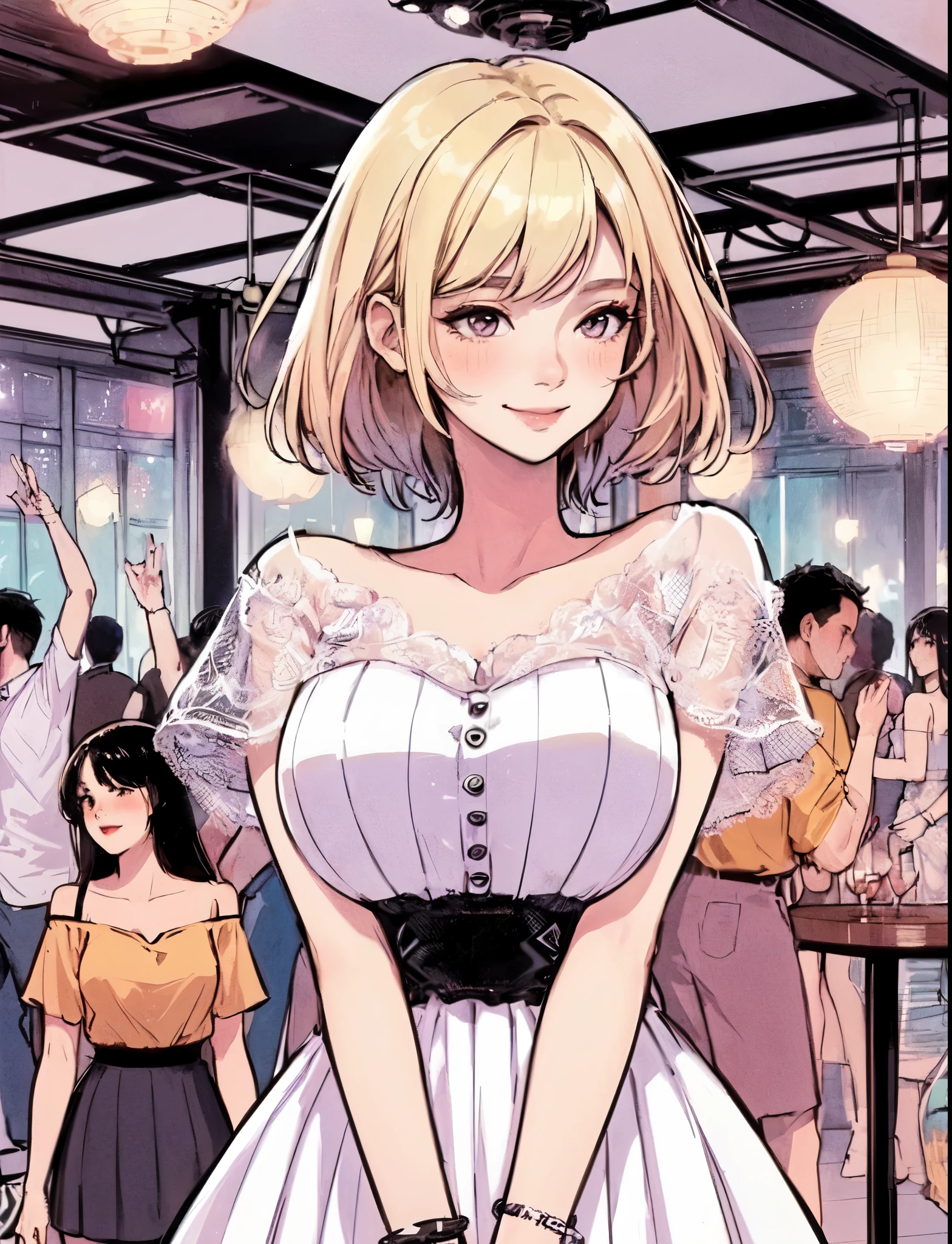 1lady standing, (stylish and chic outfit) comfortable, mature female, /(blond hair/) bangs, blush kind smile, (masterpiece best quality:1.2) delicate illustration ultra-detailed, large breasts BREAK (club dance hall:1.2) indoors, young people, crowded