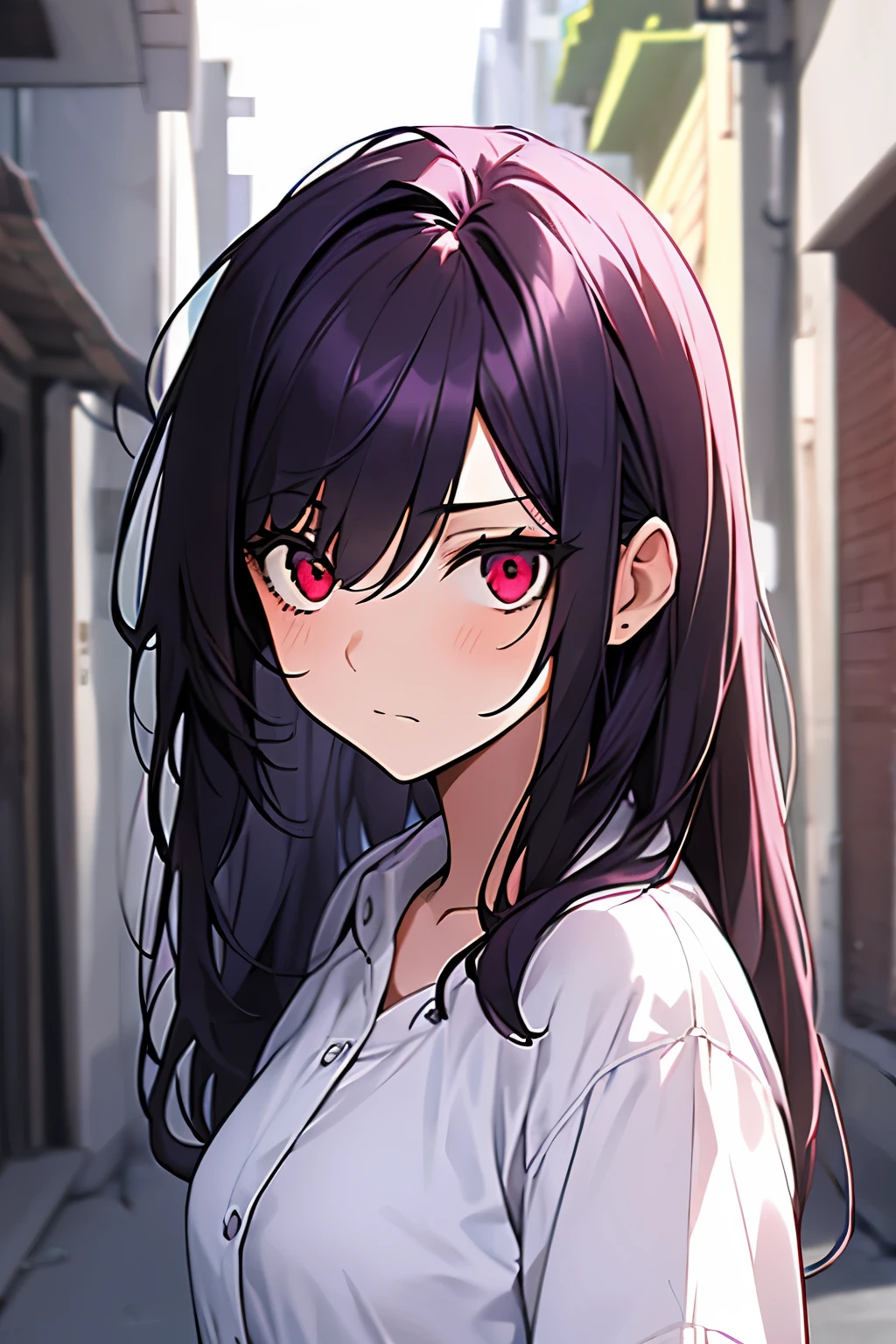 A girl, dark purple hair, 15 years old, front view, wearing White shirt , scared expression, background with many scary red eyes around 