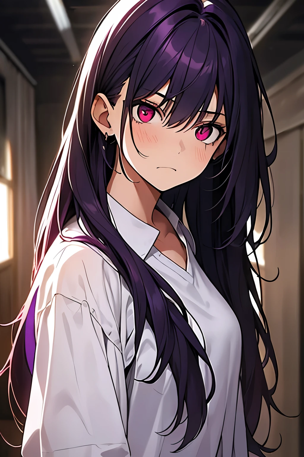 A girl, dark purple hair, 15 years old, front view, wearing White shirt , scared expression, background with many scary red eyes around