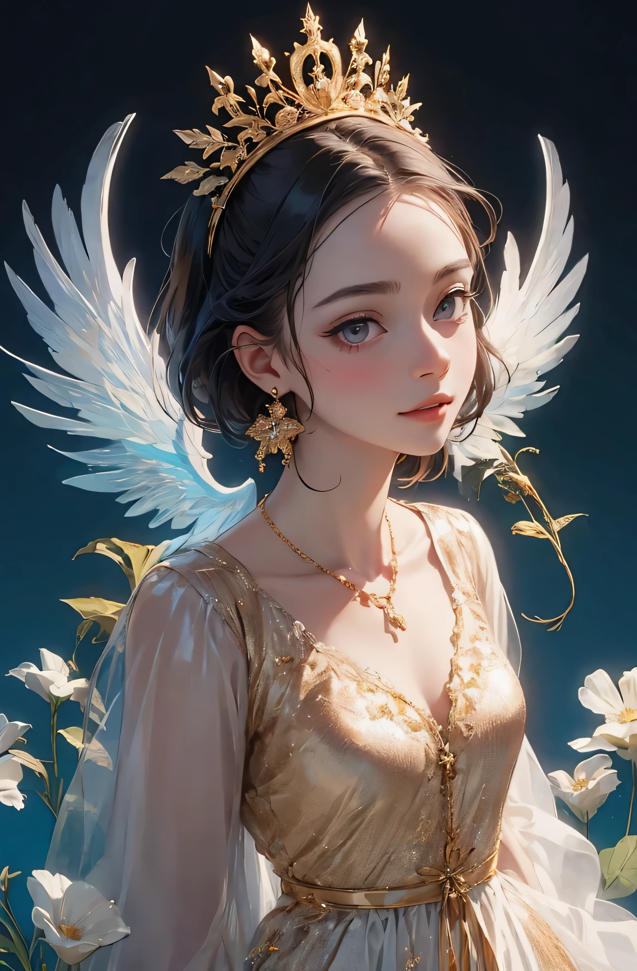 castle in the distance、face is in front、look at the camera、profile、8K、real photos、ultra high resolution, master parts, highest quality, ticker , cinematic images,nice girl、Ann、16 only、Annグロサクソン、double eyelid、droopy eyes、very big eyes、eyes are purple、dark eye shadow、lips are very thin、The tip of your nose grows beautifully.......................................................、small nose,,,,, very detailed , silver hair、straight short hair、smile、 sweet expression 、)、very clear shadows , jewelry , fine eyes, Very difficult, shiny skin , パーフェクトブリリAnnト, perfect sentence, dramatic shadow、white tiara on head、gold necklace around neck、White aristocratic dress with gold embroidery、glass high heels、angel wings