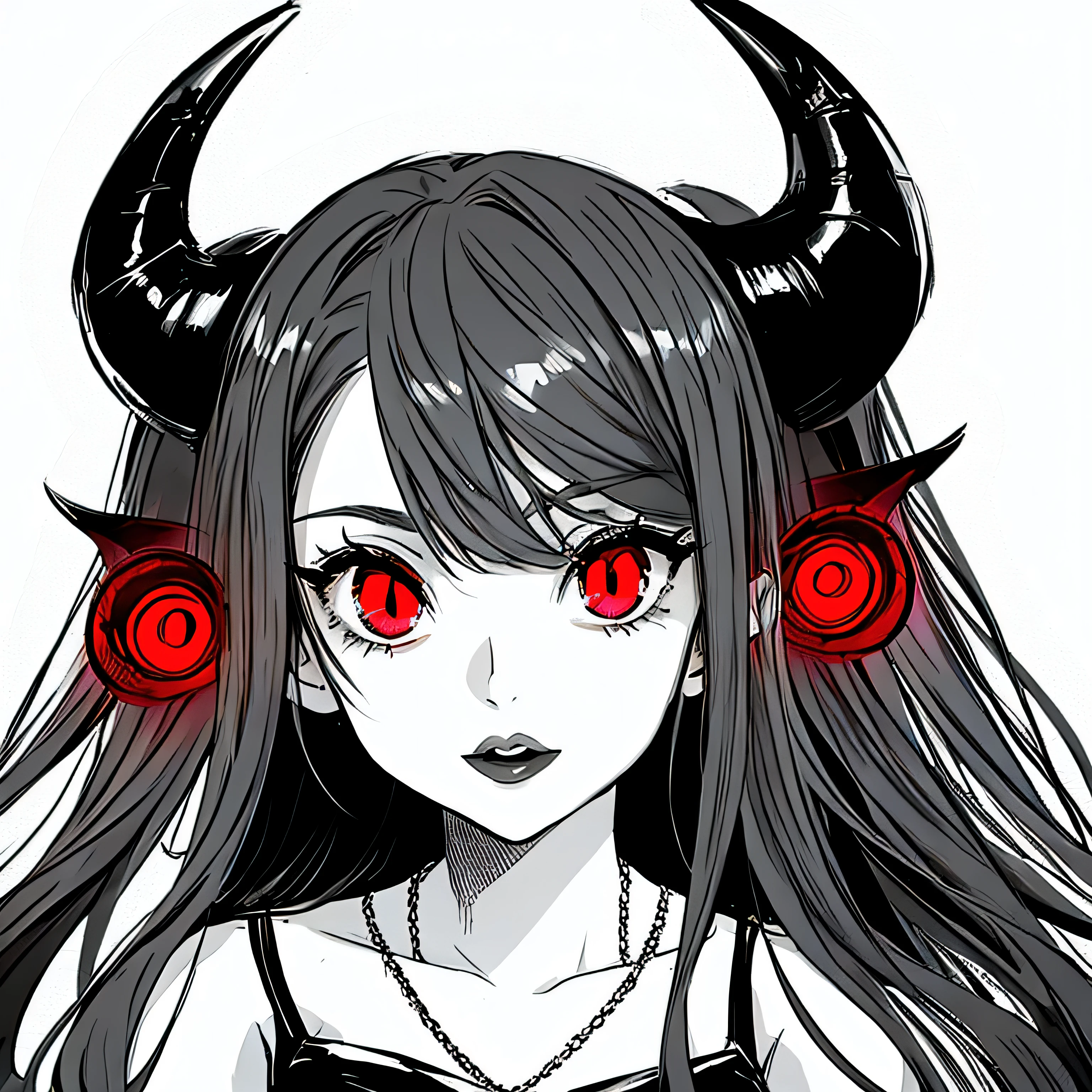 make a horror portrait of a devil horned girl with red eyes in black and white colors