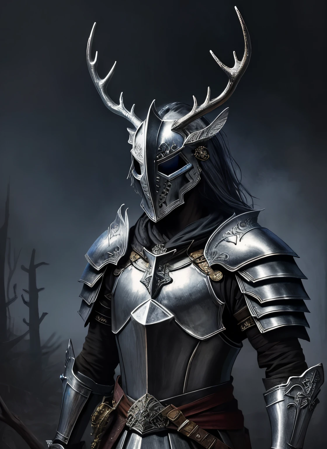 Create an impressionistic painting of a creepy warrior knight wearing a shimmering silver mask, nieve, Cosmic ash, Fuego, artistic, intrincado, antlers, knights helmet with antlers
