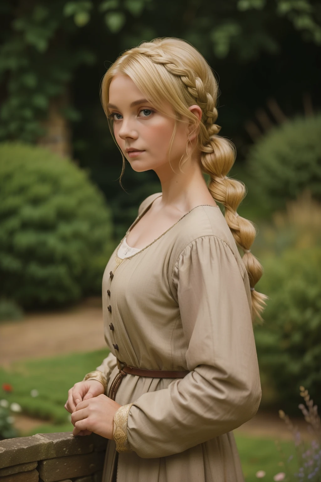 England, 1327. ((((19-year-old)) Gwenda)), strong, rustic, frekles, in the gardens. ((((clothings from the 1300s)))), ((blonde hairstyle of the 1300s))