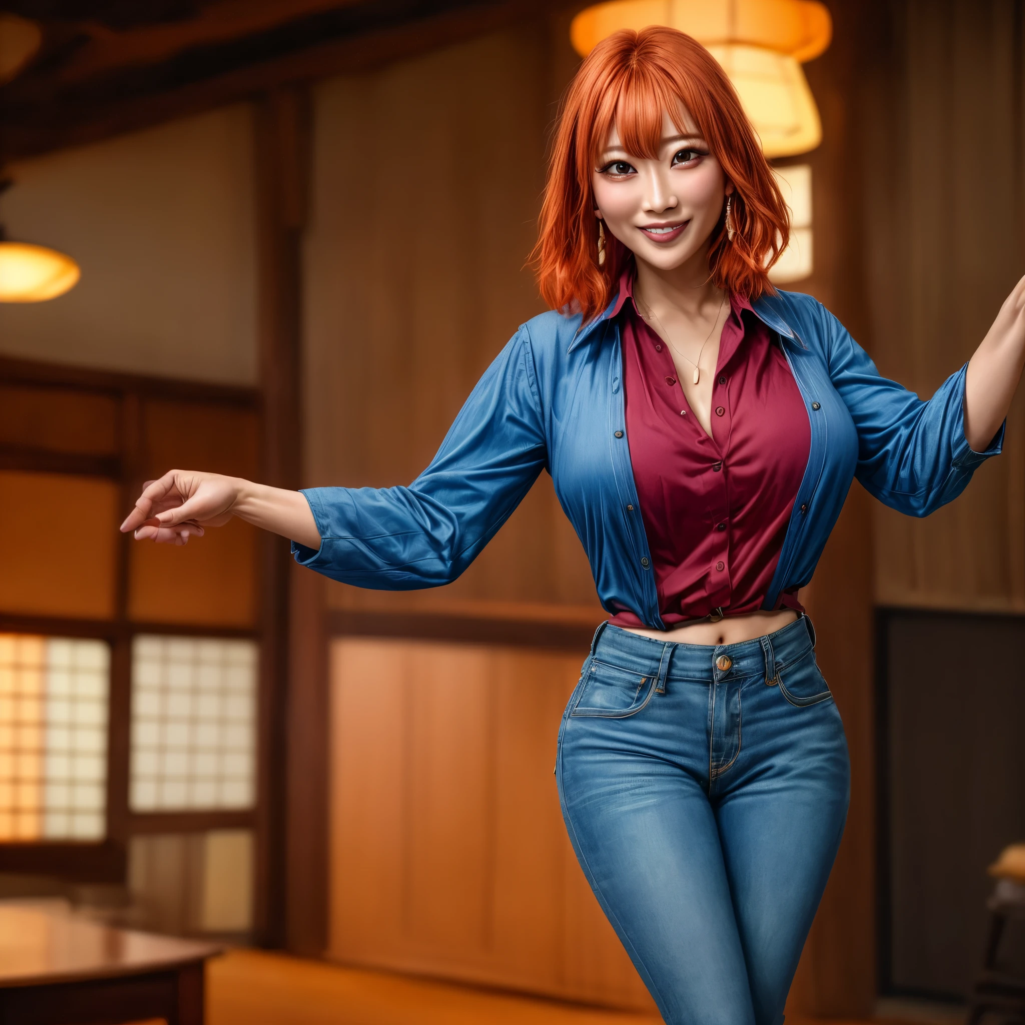 (best quality,4k,8k,highres,masterpiece:1.2),ultra-detailed, 39 year old Japanese woman, gyaru, five foot five inches tall, ginger colored hair, mole by her left eye, blue button up blouse, maroon jeans, large swollen breasts, wide hips, dancing around mid-western suburban american house, seductive pose, smiling lustfully, looking at viewer lovingly, AIKA, seethru, HDR, 8k, absurdres, cinestill 800, sharp focus, add_detail:2