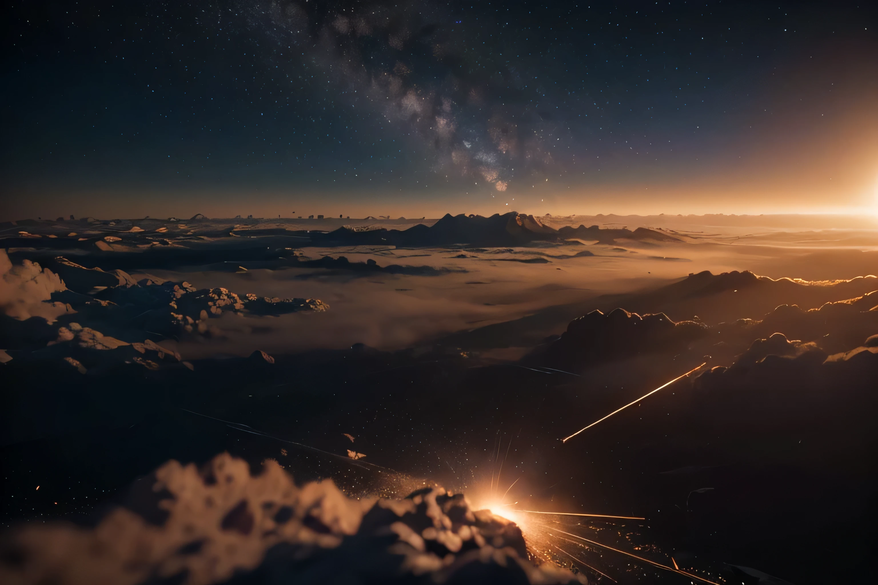 Miniature effect of meteorites falling from the sky leaving trails of light, Undoing, vista de longe ultradetalhada, 8k, simple composition, 8k, papel de parede, cinematographic