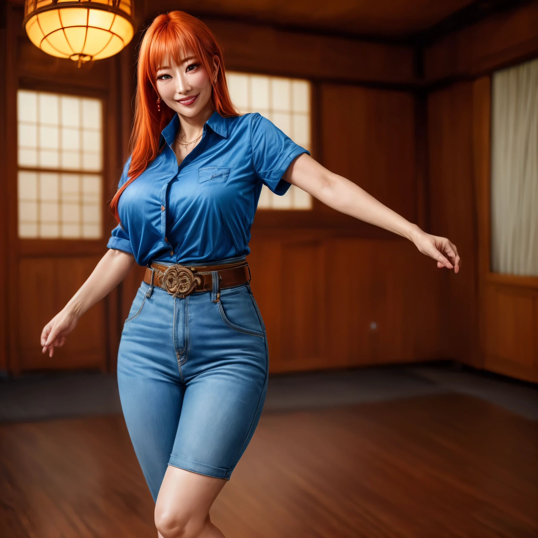 (best quality,4k,8k,highres,masterpiece:1.2),ultra-detailed, 39 year old Japanese woman, gyaru, five foot five inches tall, ginger colored hair, mole by her left eye, blue button up blouse, maroon jeans, large swollen breasts, wide hips, dancing around mid-western suburban american house, seductive pose, smiling lustfully, looking at viewer lovingly, AIKA, seethru, HDR, 8k, absurdres, cinestill 800, sharp focus, add_detail:2