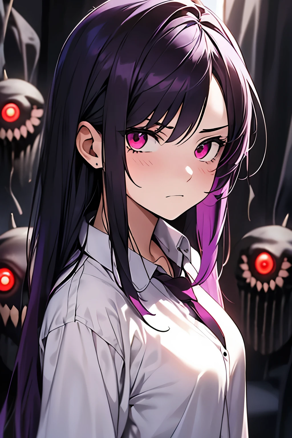 A girl, dark purple hair, 15 years old, front view, wearing White shirt , scared expression, background with many scary red eyes around