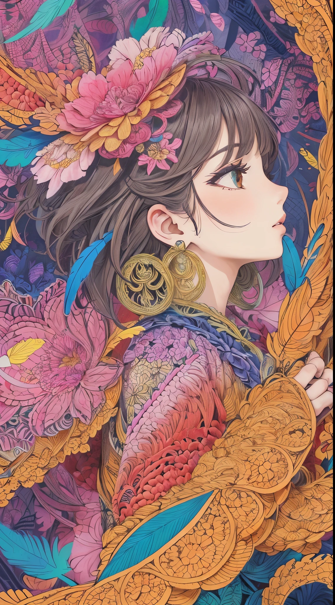 (1girl, solo, from side), extremely detailed, (abstract background, zentangle, fractal art:1.3), (many colors, colorful:1.1), (feathers, petals, flowers:1.3), dynamic pose, earrings 
