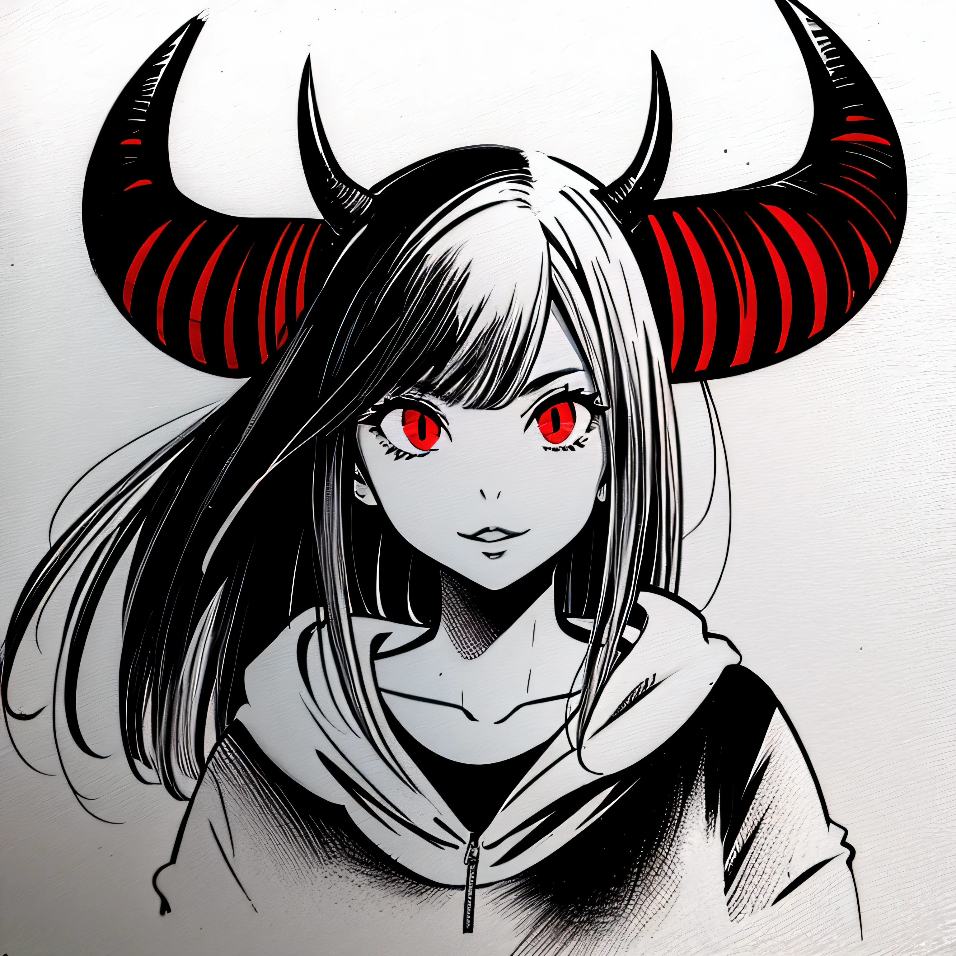 make a horror portrait of a devil horned girl with red eyes in black and white colors