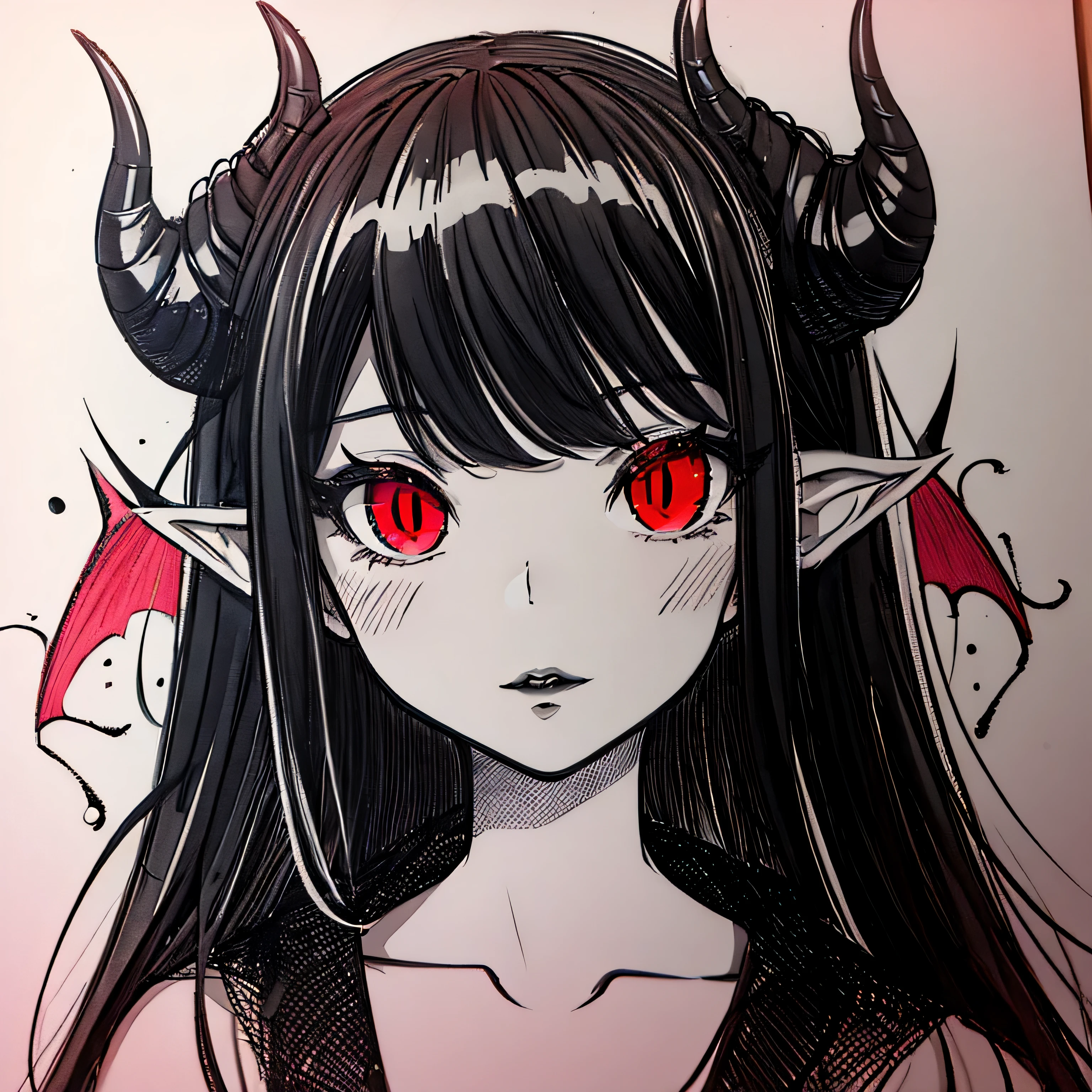 make a horror portrait of a devil horned girl with red eyes in black and white colors
