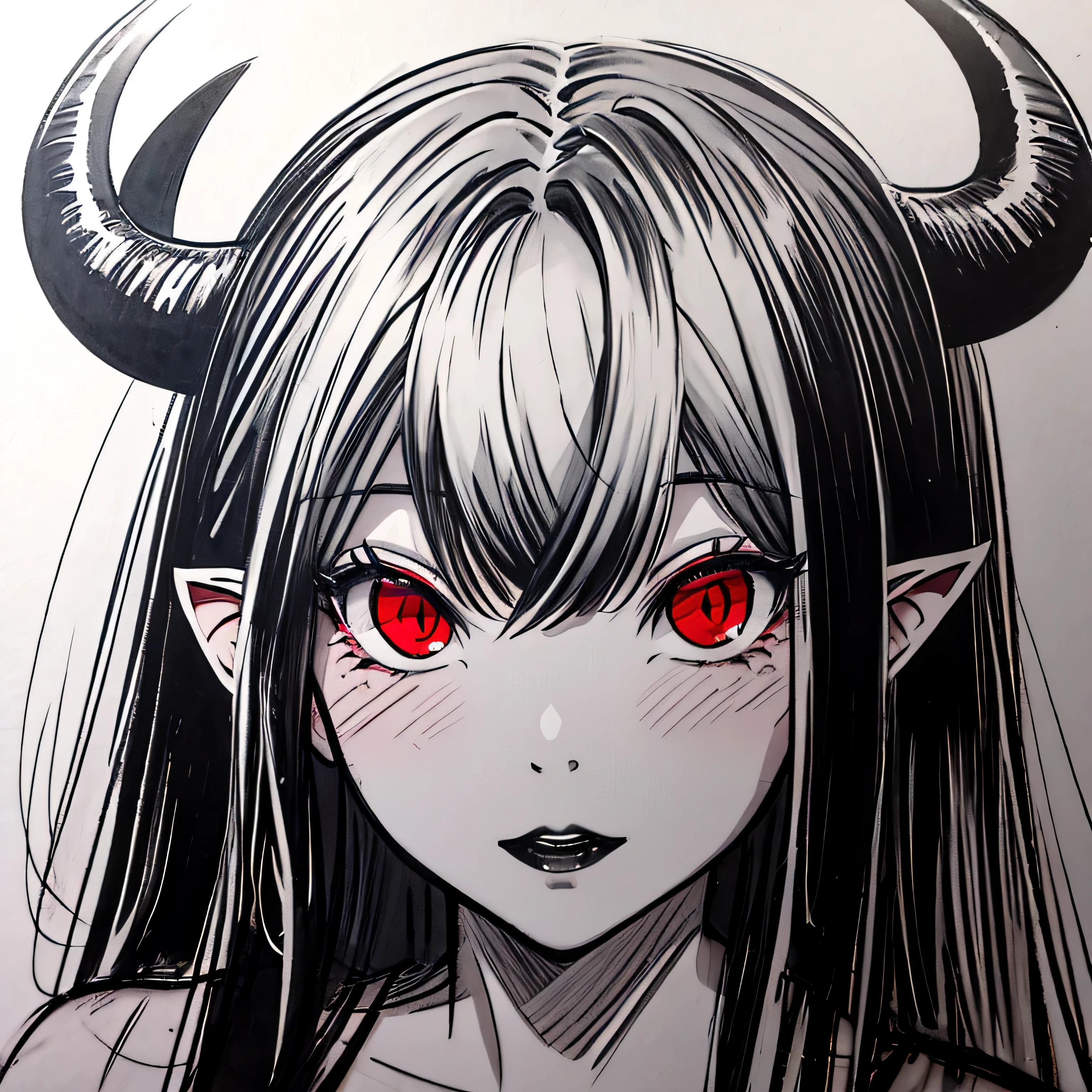 make a horror portrait of a devil horned girl with red eyes in black and white colors
