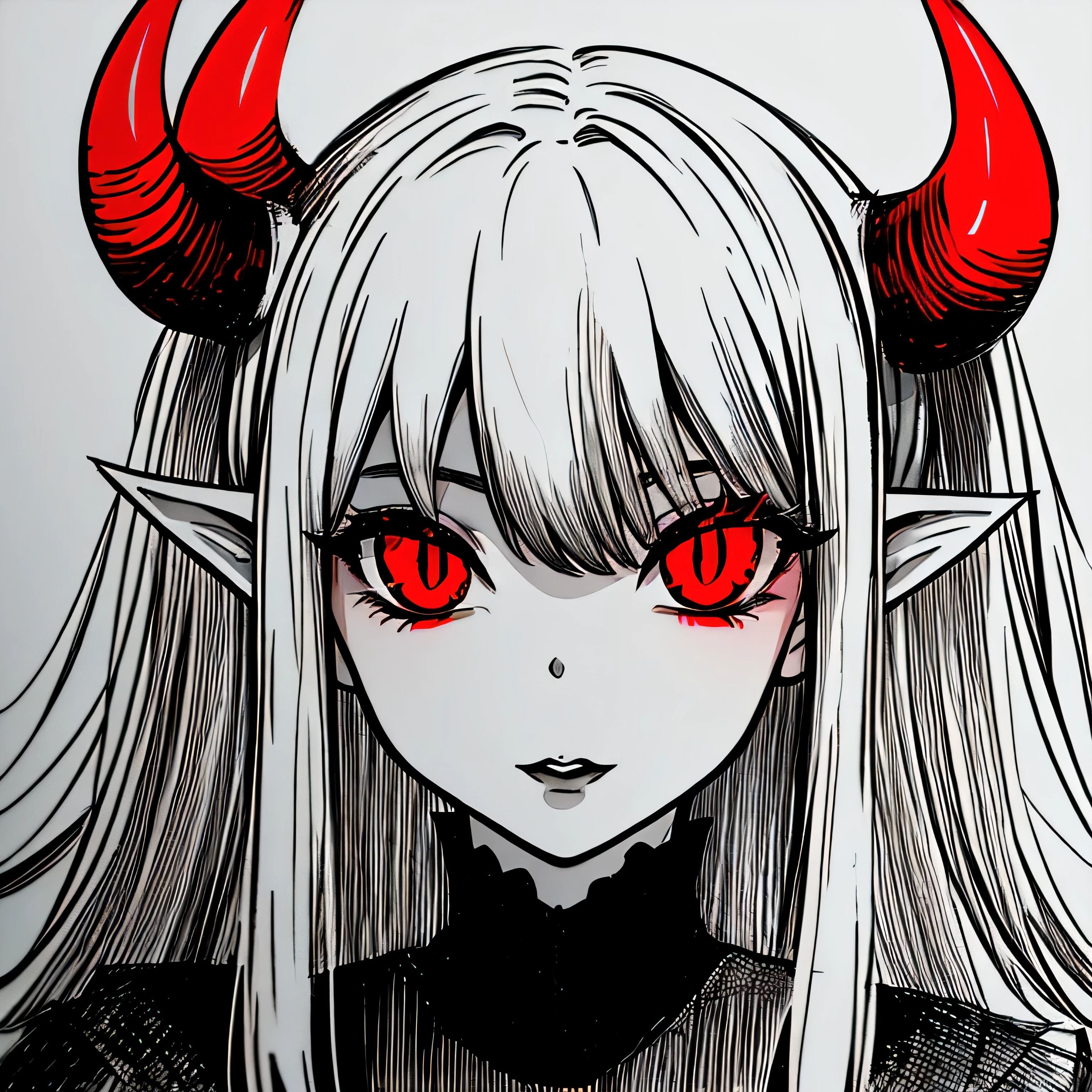 make a horror portrait of a devil horned girl with red eyes in black and white colors