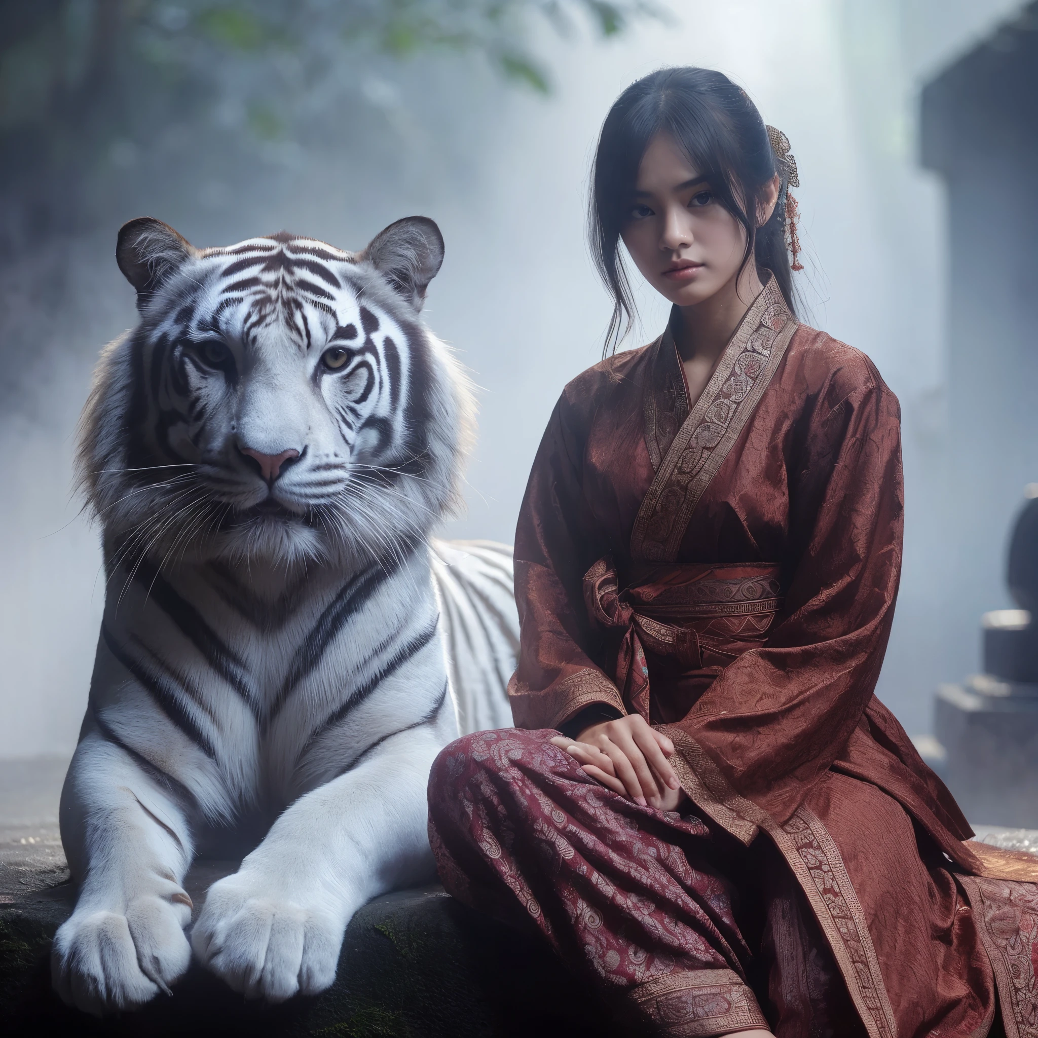 Seorang remaja perempuan jawa berwajah cantik memakai pakaian pesilat jaman kerajaan majapahit duduk disamping seekor harimau putih, latar belakang kabut dengan sedikit sinar, wajah tegas menatap kamera, uhd, hyper realistic, photography,8k