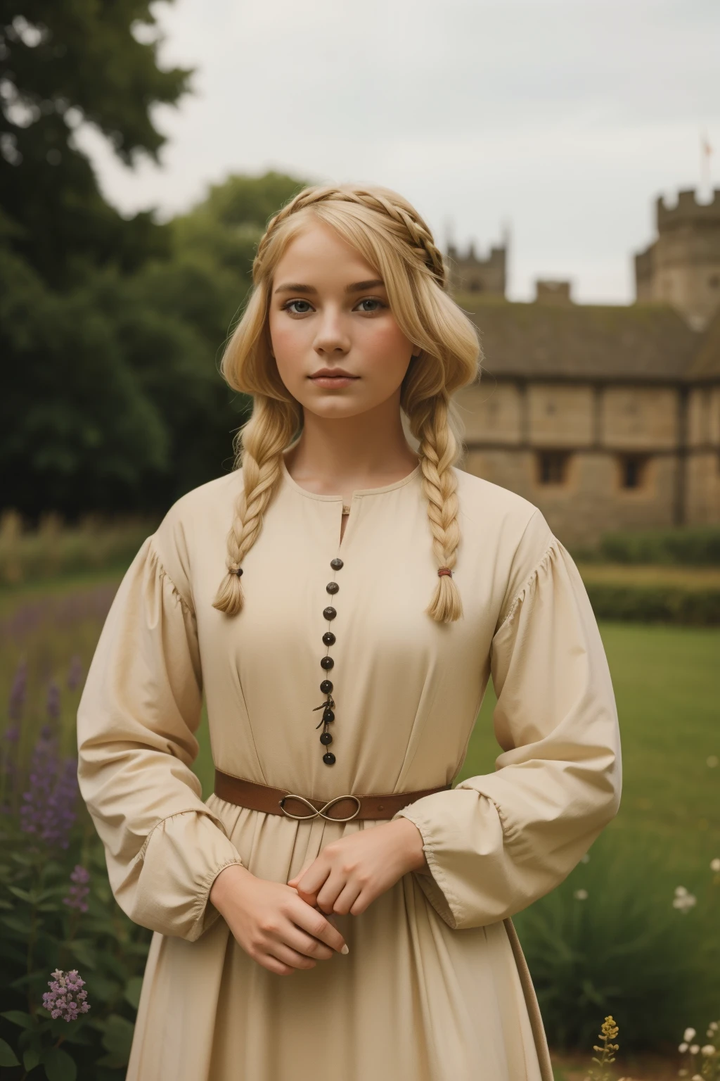 England, 1327. ((((19-year-old)) Gwenda)), strong, rustic, freckles, in the gardens. ((((clothings from the 1300s)))), ((blond hairstyle of the 1300s))