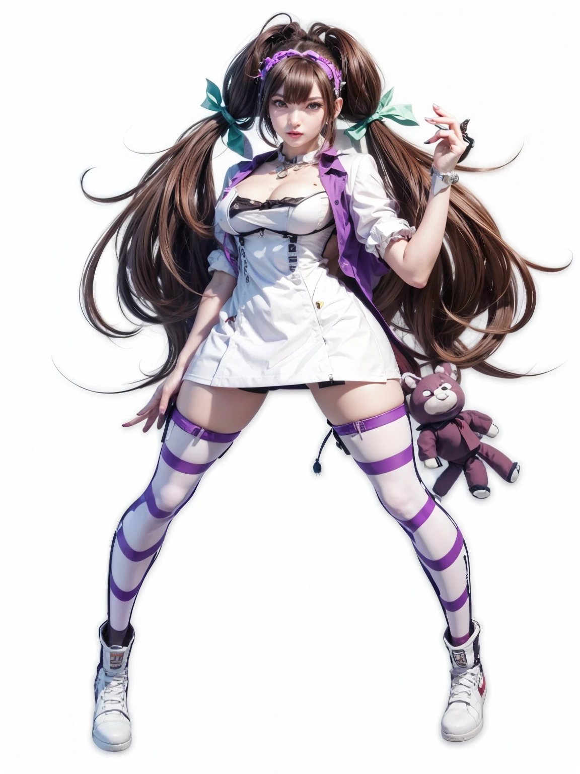 A drawing of a woman wearing a white dress and purple, Danganronpa digital art, official character art, Danganronpa Nanami Qianqiu, anime monster girl, !!full body portrait!!, Kitagawa Marin fan art, ( ( character concept art ) ), Anime woman full body art, Misaki Juri