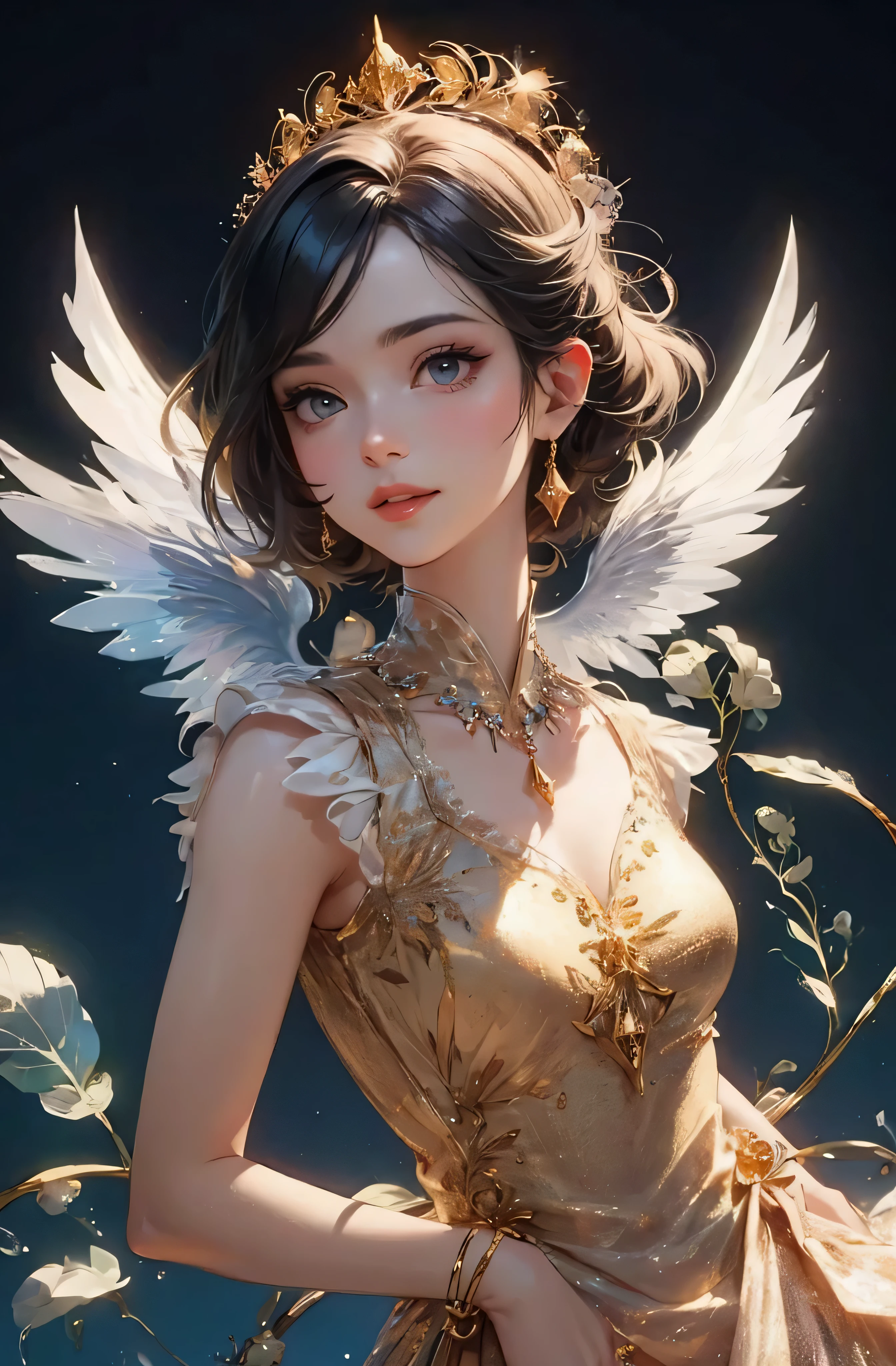 castle in the distance、face is in front、look at the camera、profile、8K、real photos、ultra high resolution, master parts, highest quality, ticker , cinematic images,nice girl、Ann、16 only、Annグロサクソン、double eyelid、droopy eyes、very big eyes、eyes are purple、dark eye shadow、lips are very thin、The tip of your nose grows beautifully.......................................................、small nose,,,,, very detailed , silver hair、straight short hair、smile、 sweet expression 、）、very clear shadows , jewelry , fine eyes, Very difficult, shiny skin , パーフェクトブリリAnnト, perfect sentence, dramatic shadow、white tiara on head、gold necklace around neck、White aristocratic dress with gold embroidery、glass high heels、angel wings