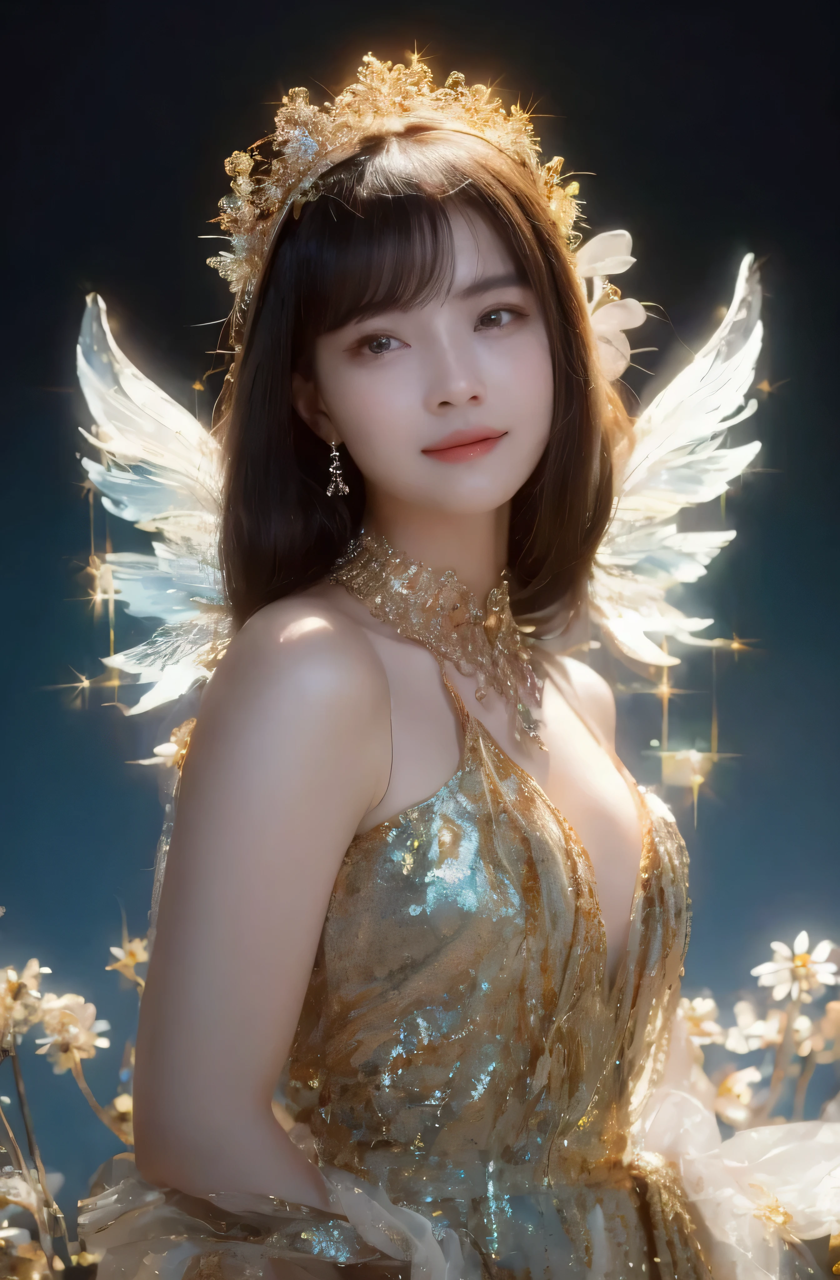 castle in the distance、face is in front、look at the camera、profile、8K、real photos、ultra high resolution, master parts, highest quality, ticker , cinematic images,nice girl、Ann、16 only、Annグロサクソン、double eyelid、droopy eyes、very big eyes、eyes are purple、dark eye shadow、lips are very thin、The tip of your nose grows beautifully.......................................................、small nose,,,,, very detailed , silver hair、straight short hair、smile、 sweet expression 、）、very clear shadows , jewelry , fine eyes, Very difficult, shiny skin , パーフェクトブリリAnnト, perfect sentence, dramatic shadow、white tiara on head、gold necklace around neck、White aristocratic dress with gold embroidery、glass high heels、angel wings