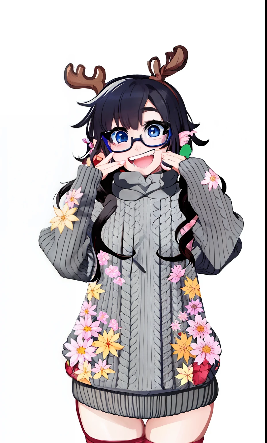anime girl (In a gray sweater: 1.5) and glasses, anime Mo artstyle, from Master Kanbun, [[[[grinning evilly]]]], commission for, commission for high res, fullbody commission for, full-length short film portrait!, from Kamagurka, Seasons!! : 🌸 ☀ 🍂 ❄, !!To wear glasses!!
