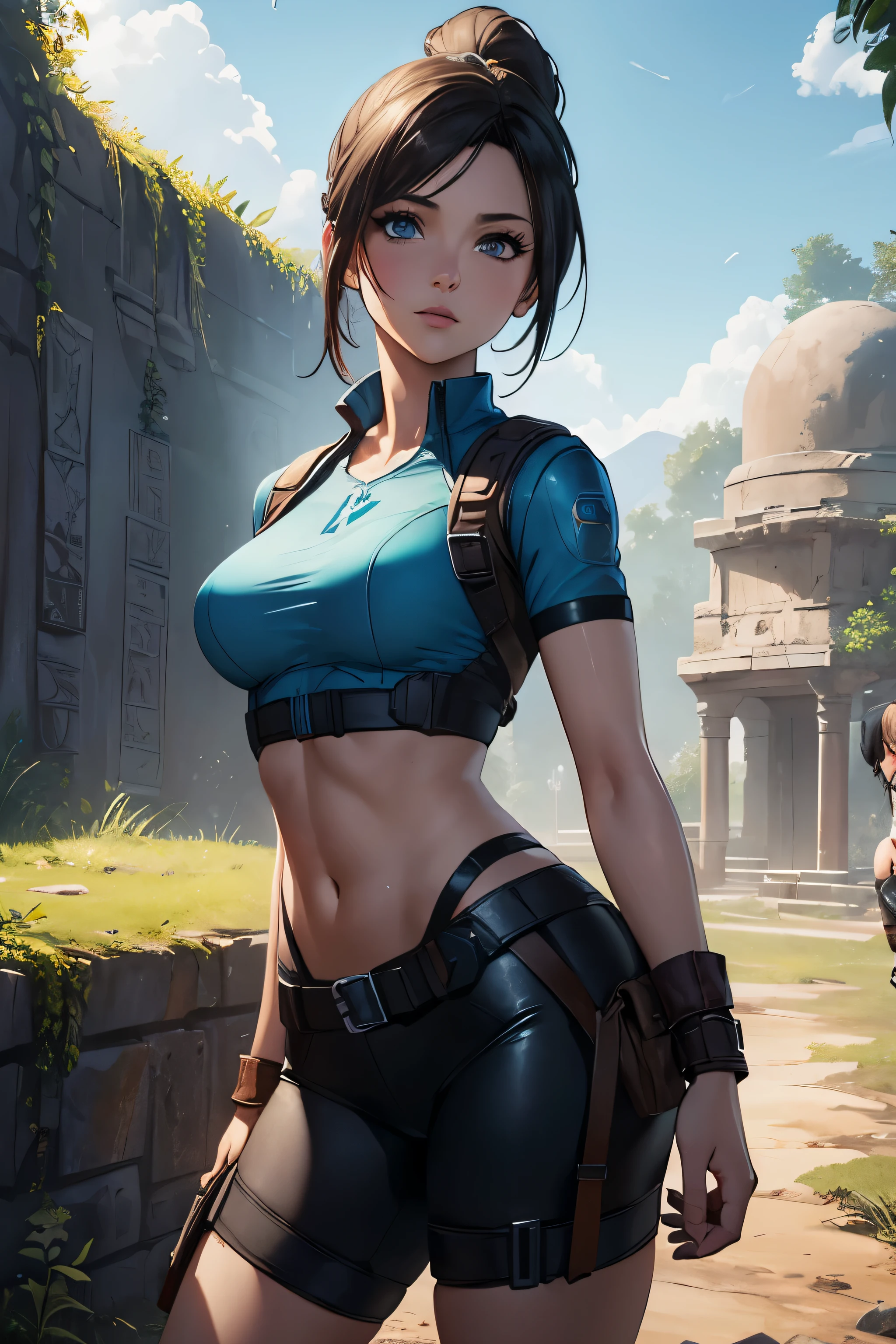 ((Scenery of the ancient cemetery)), A beautiful young explorer girl stands in the picture., ((Wear Jill Valentine's outfit)), Long black hair in a ponytail