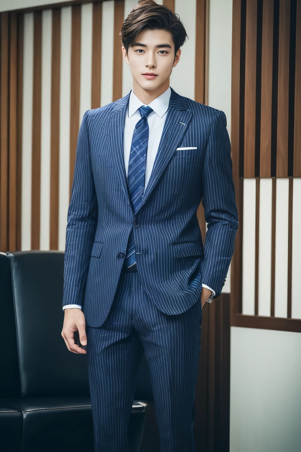 20-year-old refreshingly handsome new employee、 (Super cool S-class guy in a suit)、 Japan boys at 20 years old、 businessman、 Ultra-luxury suits、 Striped suit、 s Office、 Stand in a suitSYoung handsome man、 Full body photo、 (Highly detailed photos of CG Unity 8K)、 (A highly detailedSHandsome man in class)、 (Photo Real)、 ((top-quality))、 ultra-detailliert、 (masterpiece)、 An ultra-high picture quality、 tall、 viewer、 Gentle man、 Very beautiful hair、 Bright photo、 Handsome like a model、 Handsome like an idol、 Luxury Watches、 Cool belt
