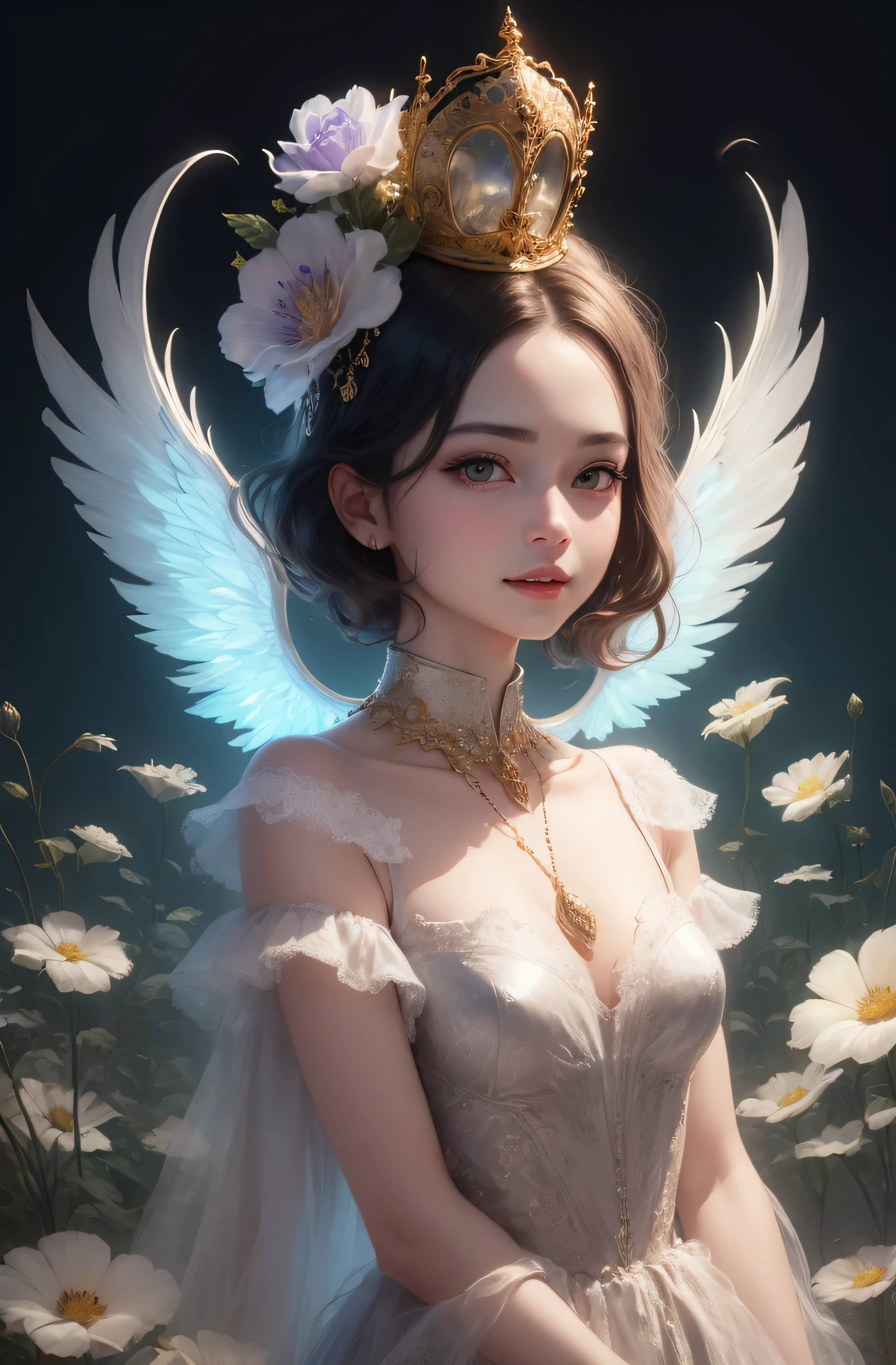 castle in the distance、face is in front、look at the camera、profile、8K、real photos、ultra high resolution, master parts, highest quality, ticker , cinematic images,nice girl、Ann、16 only、Annグロサクソン、double eyelid、droopy eyes、very big eyes、eyes are purple、dark eye shadow、lips are very thin、The tip of your nose grows beautifully.......................................................、small nose,,,,, very detailed , silver hair、straight short hair、smile、 sweet expression 、）、very clear shadows , jewelry , fine eyes, Very difficult, shiny skin , パーフェクトブリリAnnト, perfect sentence, dramatic shadow、white tiara on head、gold necklace around neck、White aristocratic dress with gold embroidery、glass high heels、angel wings