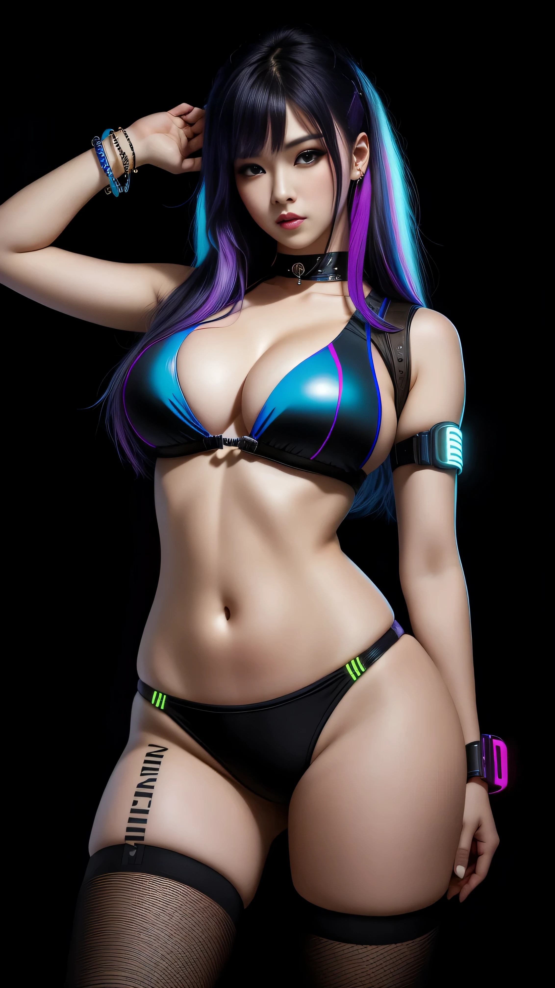 there is a korean beauty standing, royal blue and bright purple neon streaked hair, 3 d neon art of a womans body, neon-noir background, cyberpunk femme fatale, seductive cyberpunk dark fantasy, cyberpunk strip clubs, cyberpunk 20 y. o model girl, oppai cyberpunk, banner, high definition cgsociety, cgsociety masterpiece, trending on cgstation, kda, random hair, looking at camera, ((nice tits:1.4)), cleavage, (high detailed skin:1.2), 8k uhd, dslr, super lighting, high quality, film grain, high res, highly detailed, hyper realistic, beautiful face, beautiful body, beautiful eyes nose lips, alluring expression, very bold, upper visible, full body photo, standing legs apart, pale translucent glowing skin, most beautiful face, cute, (well defined pubic hair:1.2)), (dark plain black background:1.4))