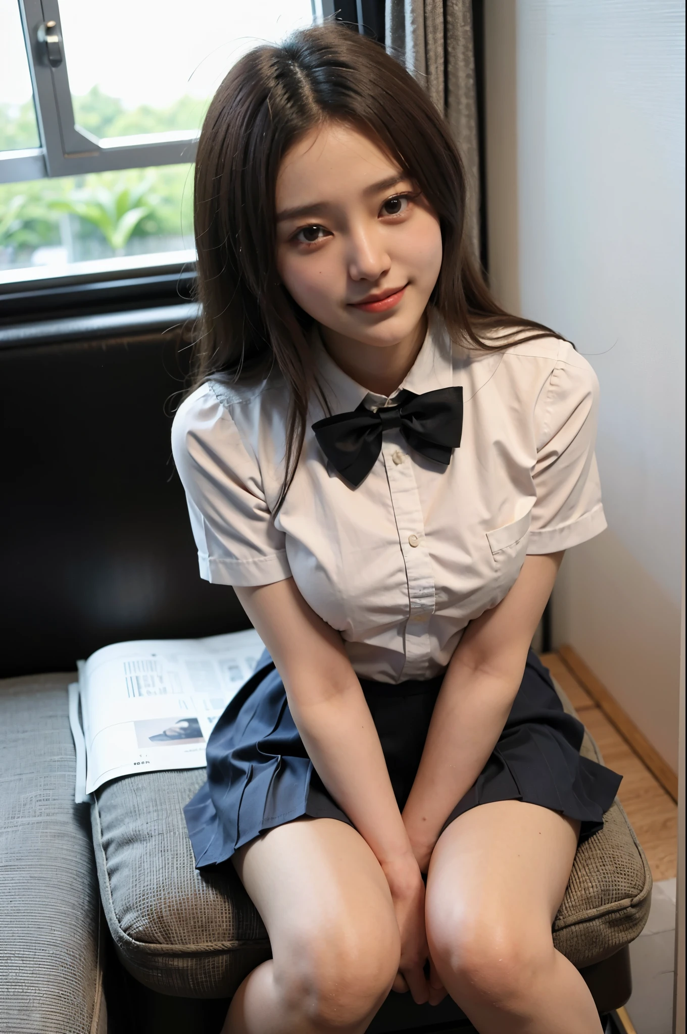 high angle shot, Centered view,An arafed asian woman wearing a short skirt and bow tie is sitting on a train, cute high school girl,smile、japanese girl uniform, wearing japanese school uniform, japanese school uniform, a hyperreal high school girl, dressed like a high school girl, hyperreal high school girl, wearing school uniform, real high school girl, girl in uniform, wearing school uniform, of posing, whole body, nice skin, glowing skin, nice thighs,Shining thighs, shining legs, barefoot