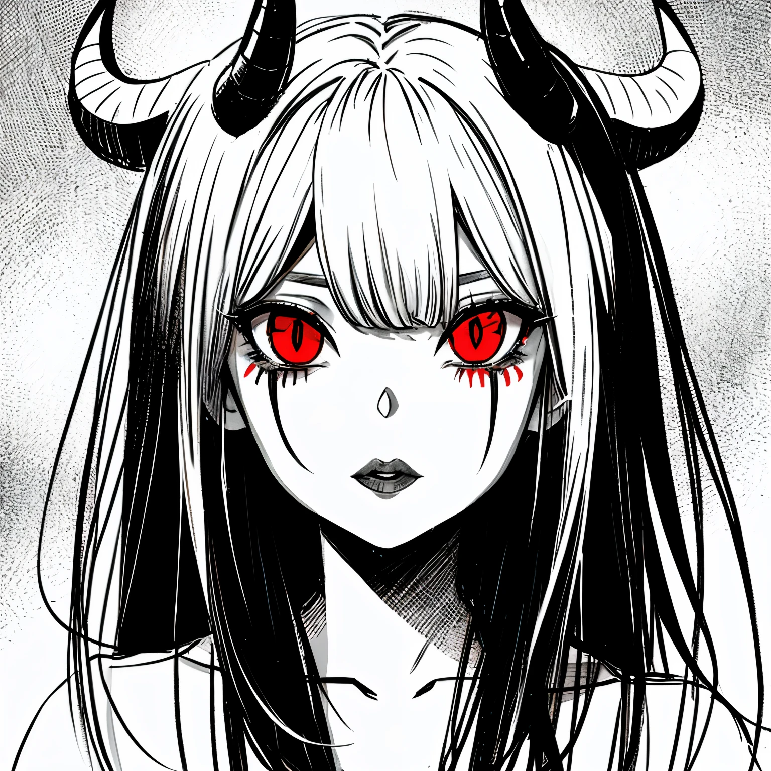make a horror portrait of a devil horned girl with red eyes in black and white colors