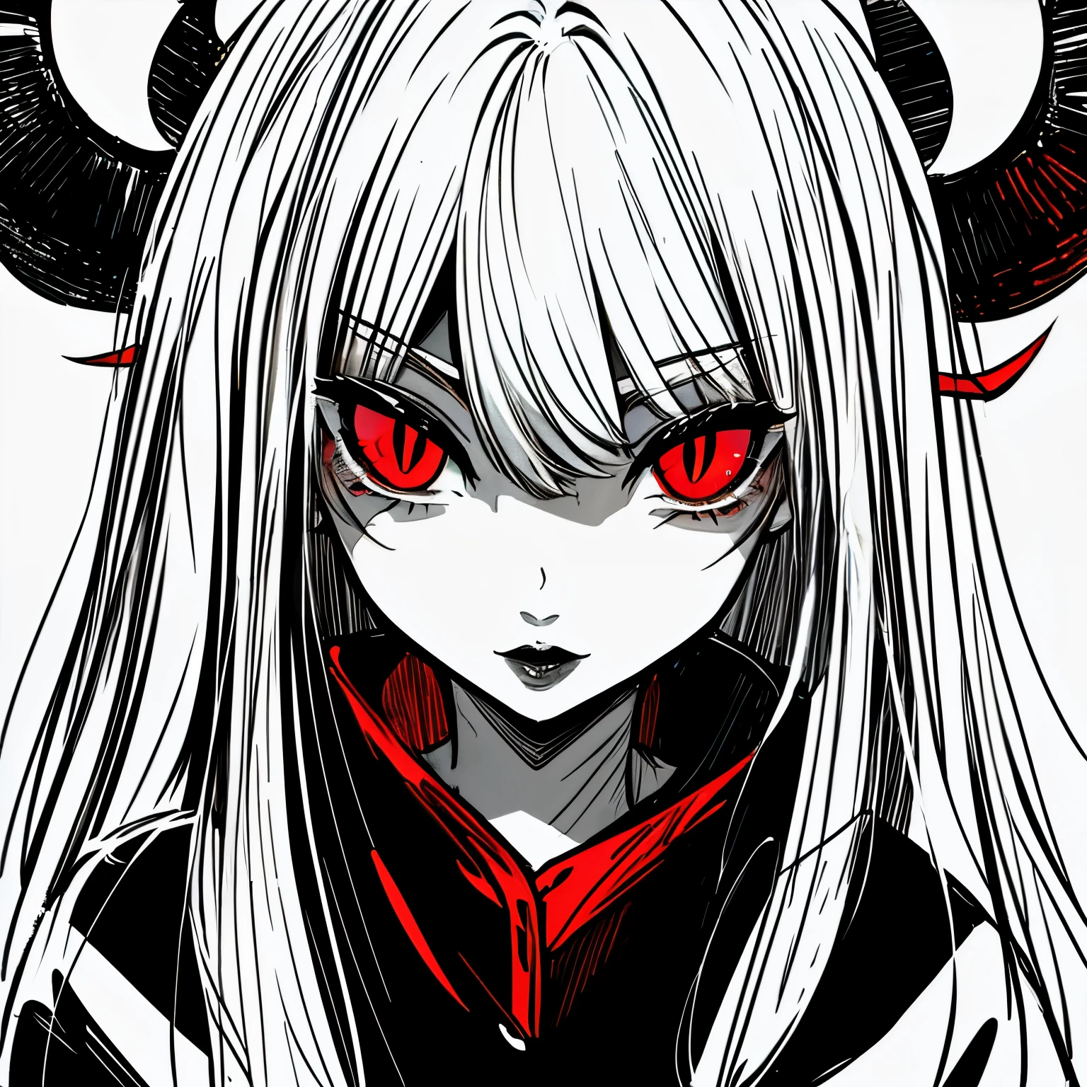 make a horror portrait of a devil horned girl with red eyes in black and white colors