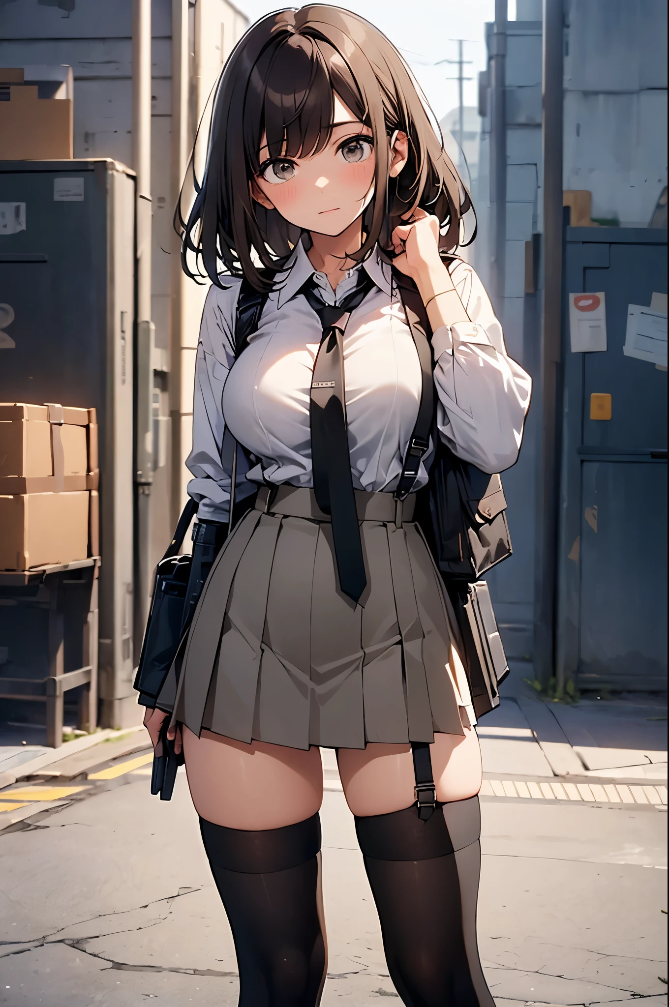 brown hair、looking at the viewer suspenders Bulging big breasts Black miniskirt garter belt knee high socks Gaze small face bangs Beauty hands up Gaze black boots provocation one person cutter shirt Panty shot hands behind put your hands behind your back Hands behind your back With your hands behind your back armed holster handgun ベルト garter belt