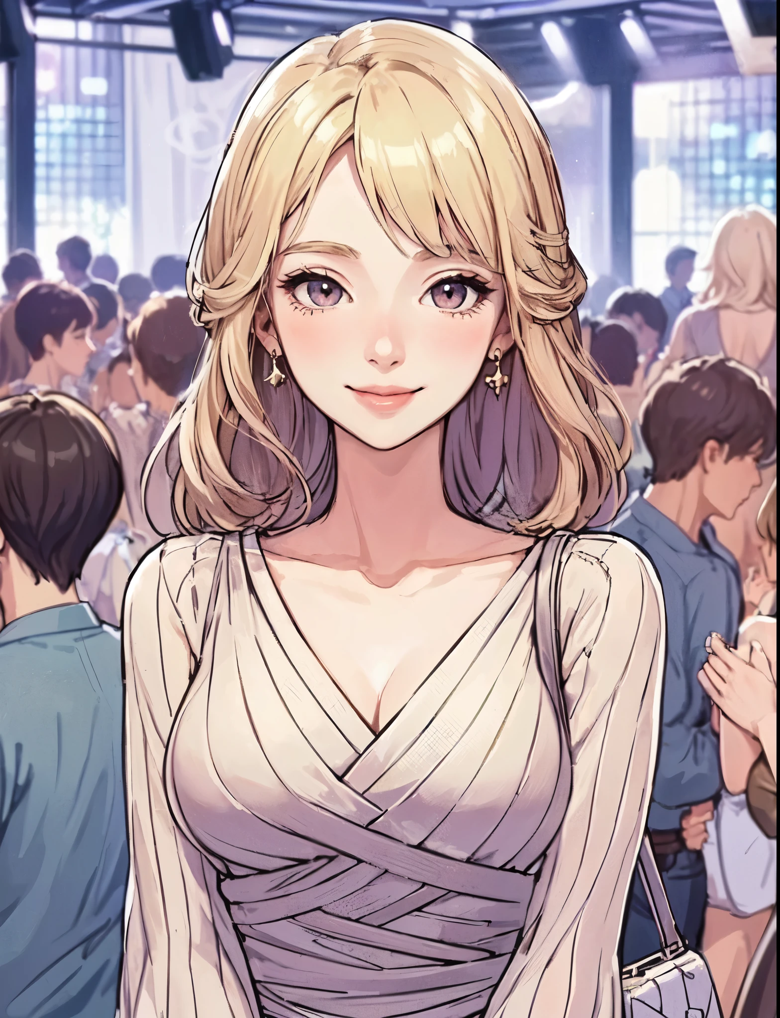 1lady standing, (stylish and chic outfit) comfortable, mature female, /(blond hair/) bangs, blush kind smile, (masterpiece best quality:1.2) delicate illustration ultra-detailed, large breasts BREAK (club dance hall:1.2) indoors, young people, crowded