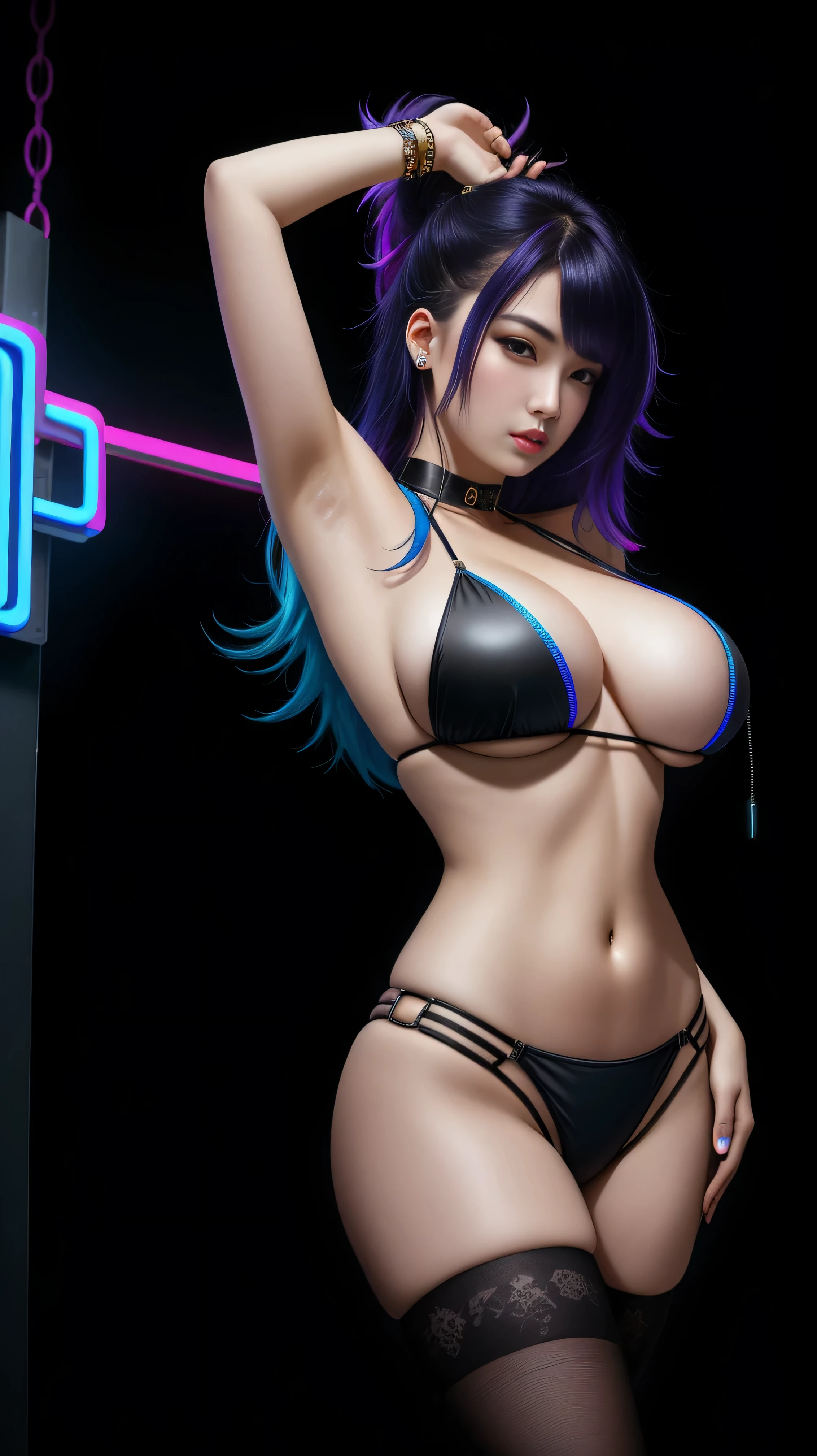 there is a korean beauty standing, royal blue and bright purple neon streaked hair, 3 d neon art of a womans body, neon-noir background, cyberpunk femme fatale, seductive cyberpunk dark fantasy, cyberpunk strip clubs, cyberpunk 20 y. o model girl, oppai cyberpunk, banner, high definition cgsociety, cgsociety masterpiece, trending on cgstation, kda, random hair, looking at camera, ((nice tits:1.4)), cleavage, (high detailed skin:1.2), 8k uhd, dslr, super lighting, high quality, film grain, high res, highly detailed, hyper realistic, beautiful face, beautiful body, beautiful eyes nose lips, alluring expression, very bold, upper visible, full body photo, standing legs apart, pale translucent glowing skin, most beautiful face, cute, (well defined pubic hair:1.2)), (dark plain black background:1.4))