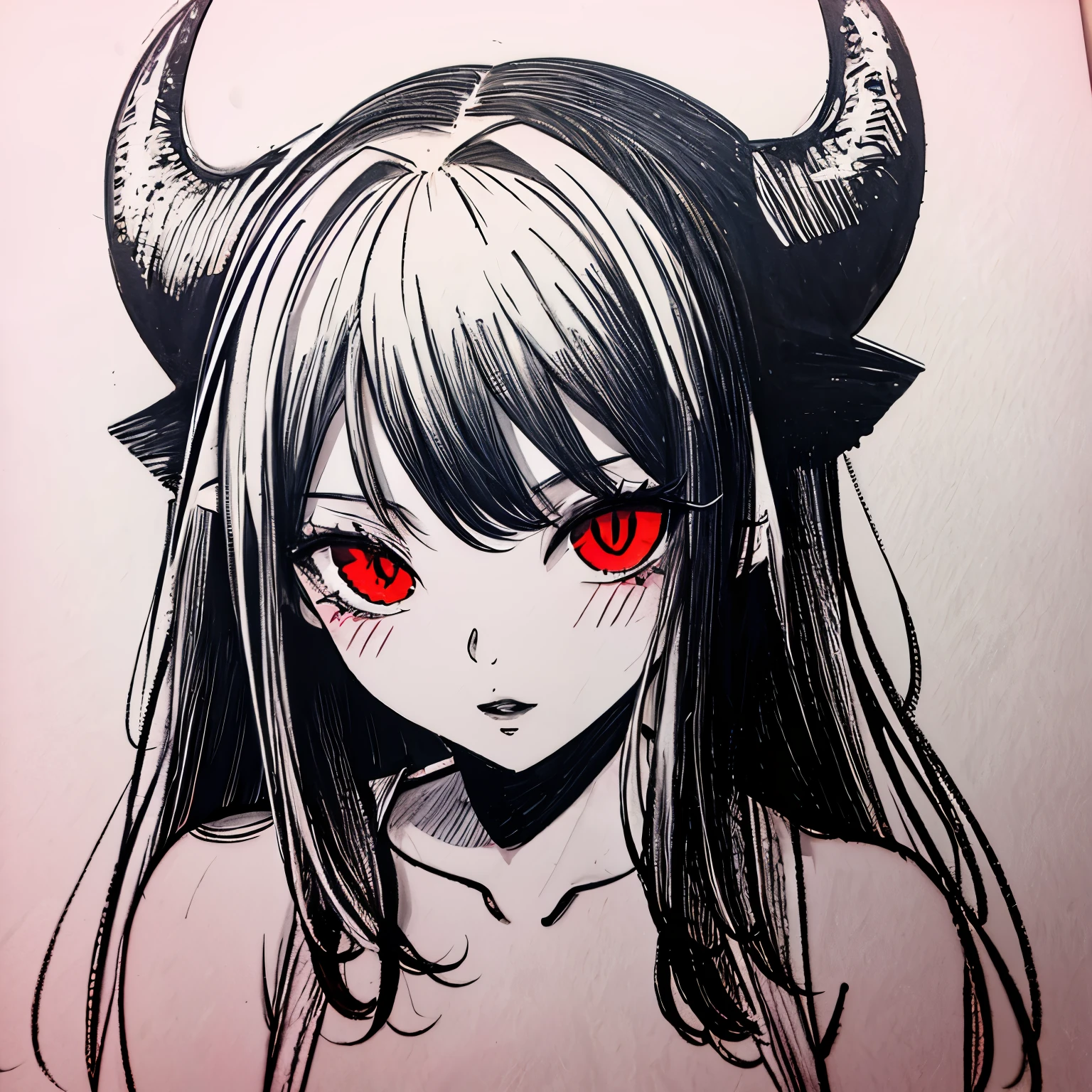make a horror portrait of a devil horned girl with red eyes in black and white colors