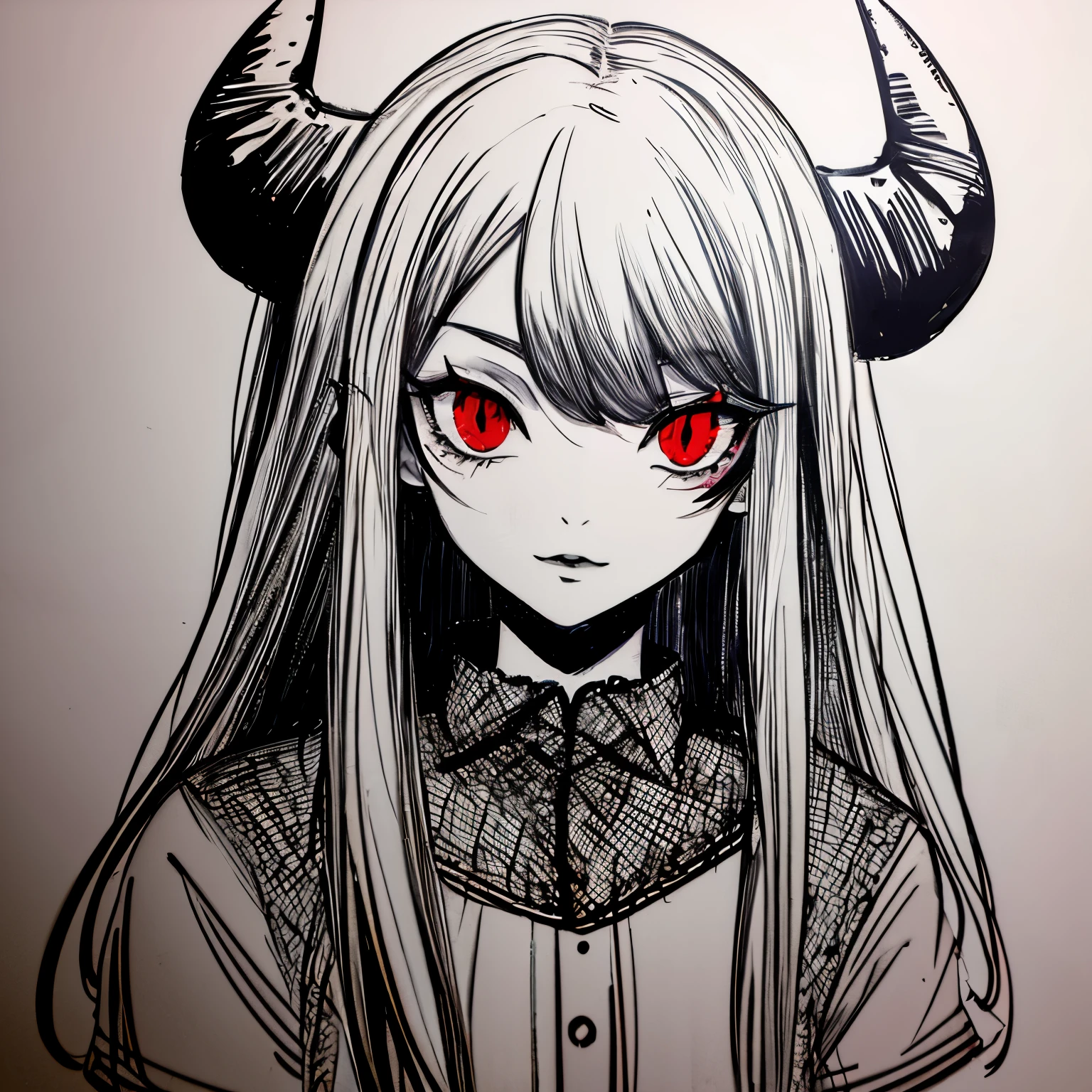 make a horror portrait of a devil horned girl with red eyes in black and white colors