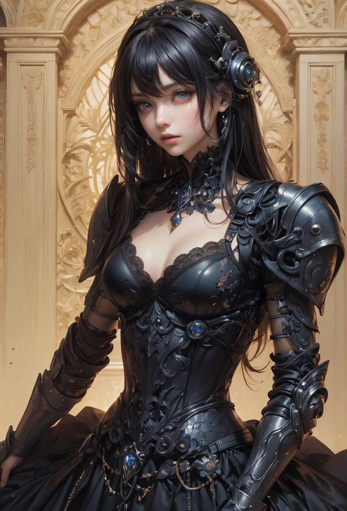 ((Highly accurate drawing in every detail)Extremely precise depiction)[High resolution],(detailed illustrations,とてもfineで緻密な描画,Delicate drawn lines with tempo,Realistic texture expression),[color traced main line],[Ruins of a super-ancient civilization],[ANIME] (MACHINEAlice Beauty 16 years old) straight long hair [AUTOMATON],([Black Rose] black dress) (Cyber Alien Armor [Through the material]) [caltrop] Lock [Titanium alloy] [[Through the material]],Cybernetic Gothic Lolita [clear lenticular iris],(intricate and beautiful decoration [Dense detail]),(Fine and beautiful skin expression [transparency]),((Precisely drawn eyes))[完璧な目のdetailed((Beautiful eyes like jewels)Iris drawn in precise detail)[clearly drawn pupils]],[eyes light[Pinpoint lighting for the eyes]],[long and beautiful eyelashes],[precisely drawn hair [美しく艷やかな髪のdetailed]],(完璧な手のdetailed [Beautiful fingers with no damage [beautiful nails]]),(perfect anatomy(perfectly balanced proportions))[[full body portrait]],[[Design built to the highest level]][ideal color coordination(Accurate simulation of light and material interactions)],([Precision Detail](detailed,高fine)),[Visual art that tells a story],((highest quality)fine[[High density drawing]])(4K Quality).