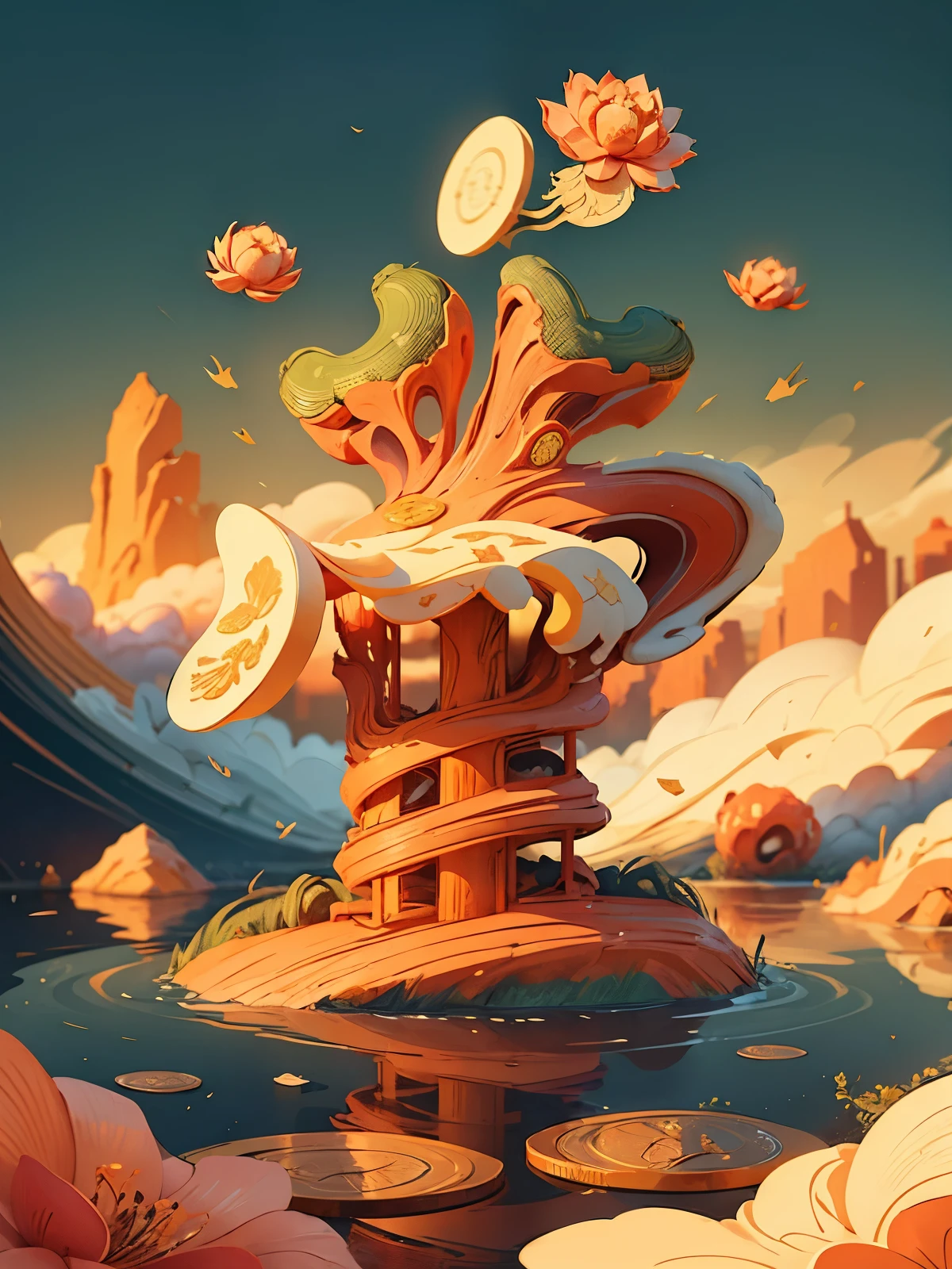 China,full of life,spring,sunny,festive dreamy red background,Dreamy and magical,𝓡𝓸𝓶𝓪𝓷𝓽𝓲𝓬,8k,spotlight,extremely fine detail,China建筑,landscape,(sea of clouds),gold coins,Koi,masterpiece,Super exquisite,three-dimensional,super rich,Super detailed,32k