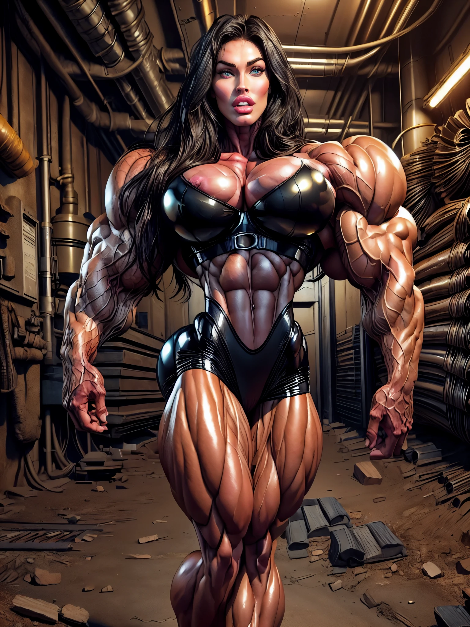 (1 girl), (megan fox:1.25), Beautiful muscular bimbo girl, (naked:1.25), (huge veiny breasts:1.25), (extreme muscular definition:1.25), (huge muscular arms:1.25,) (latex panties:1.25), (10-pack abs:1.4), (lots of veins:1.25), Ultra Realistic, Very detailed face and eyes, a true masterpiece,