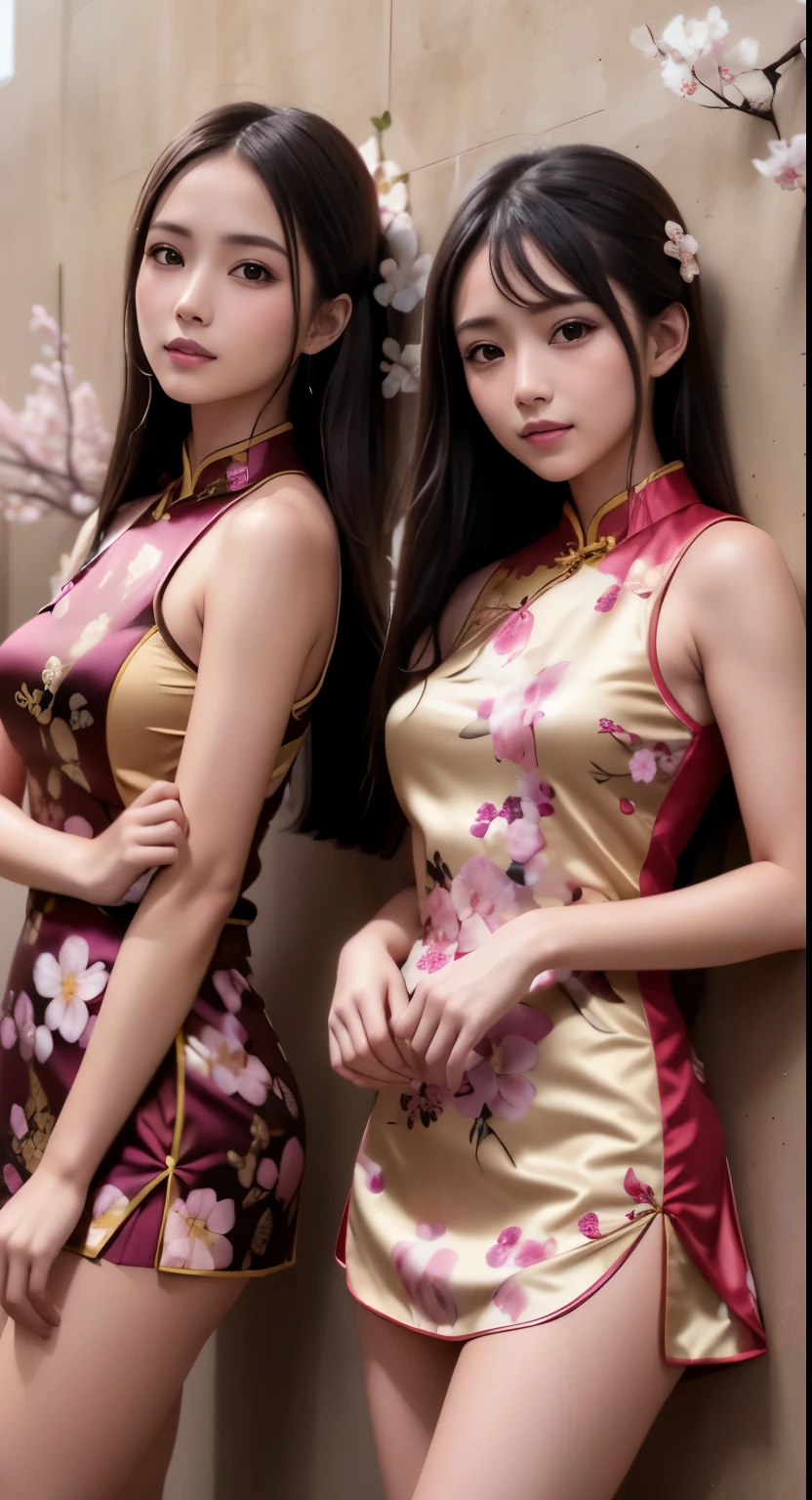 Masterpiece, photorealistic, 2 girls in golden hair and black hair, wearing modern cheongSam floral short lengtth dress red and pink, background of pink cherry blossoms decor on the wall written :Happy Chinese New Year, smile 