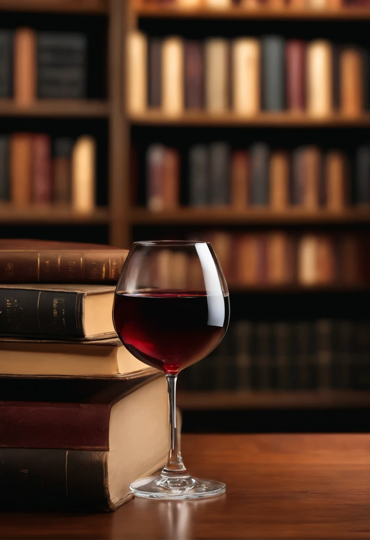 There are books piled on the desk and a wine glass is placed on the right.,The background is a library,Perfect,Highest quality,Best detail,masterpiece,realistic,8k,clear,transparent and empty wine glass