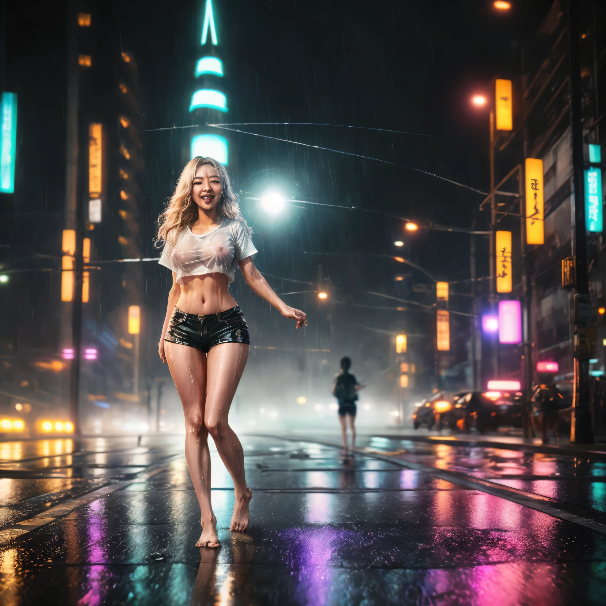gorgeous 35 year old Japanese gyaru with wavy blond hair detailed alluring eyes d-cup breasts, Thigh gap long sexy legs wearing tiny shorts tshirt laughing in beautiful futuristic cyberpunk+ city, mist, wet, raining, best quality masterpiece, photorealistic, detailed, 8k, HDR, shallow depth of field, broad light, high contrast, backlighting, bloom, light sparkles, chromatic aberration, sharp focus, RAW color photo, AIKA, seethru, HDR, 8k, absurdres, cinestill 800, sharp focus, add_detail:2