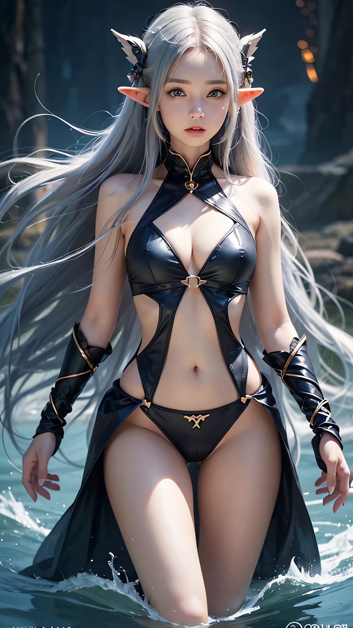 (Close-up:1.4)、(RAW photo:1.2)、(photorealistic:1.4)、(masterpiece:1.3)、(最high quality:1.4)、(Beautiful woman with perfect body:1.4)、solo、7 head and body、(cute face)、(cute:1.2)、(full body shot)、(big breasts:1.3)、(beautiful detailed eyes)、(charming big eyes)、(beautiful double eyelids)、(beautiful and detailed face)、(fantasy、Magic Effects、summoner:1.3)、(Half-Elf:1.2)、(silver hair:1.2)、gorgeous dress、trong wind、See-through、wet with water、dark hair、slender、small butt、beautiful feet、skinny legs、Surrealism、cinematic lighting、Depth of bounds written、first person perspective、ticker、muste piece、curate、(perfect anatomy:1.2)、textured skin、super detail、high details、high quality、best quality、High resolution、8K、illumination