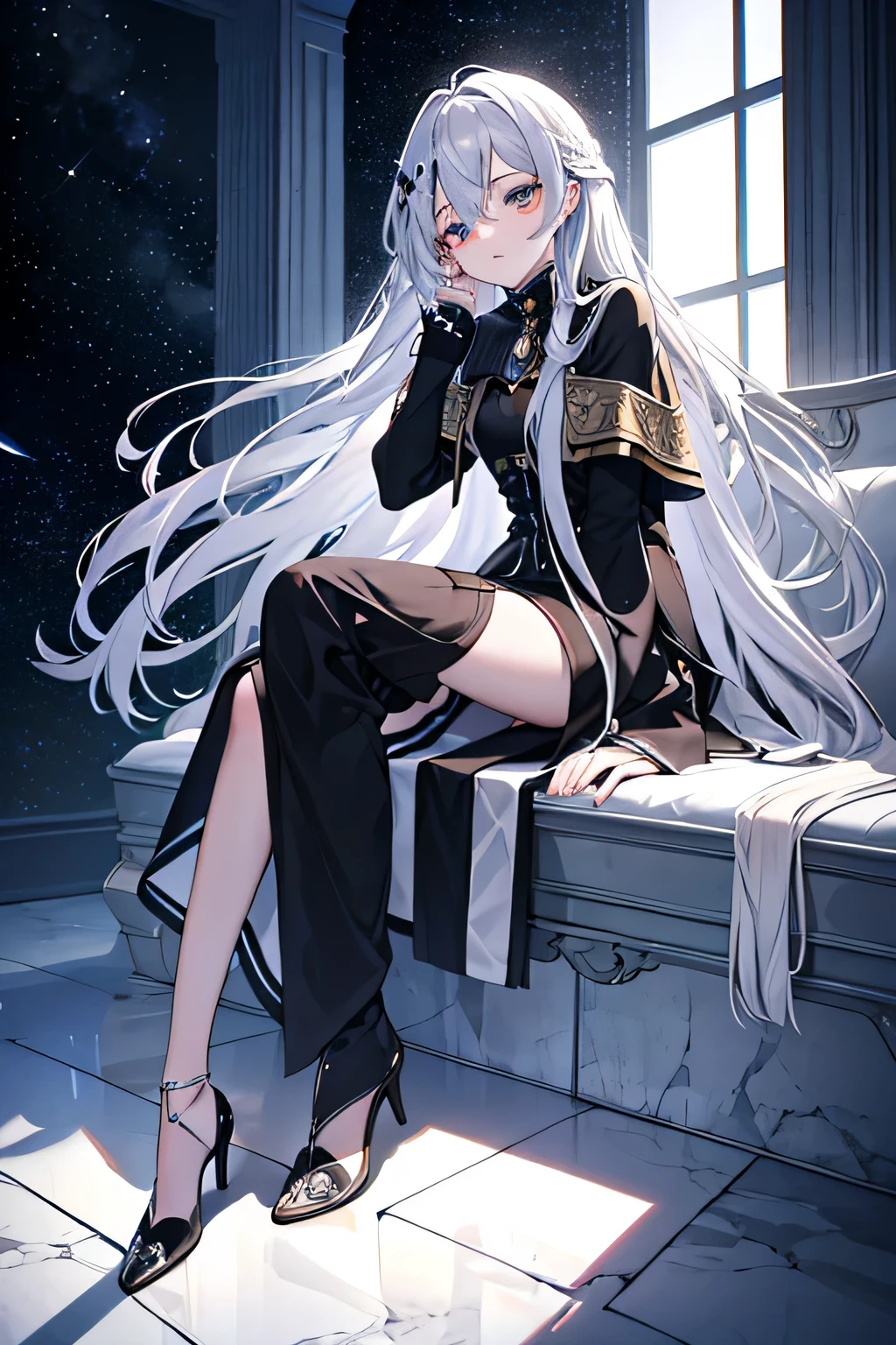 High definition long straight silver hair girl with chin on her hand Beautiful girl side full body