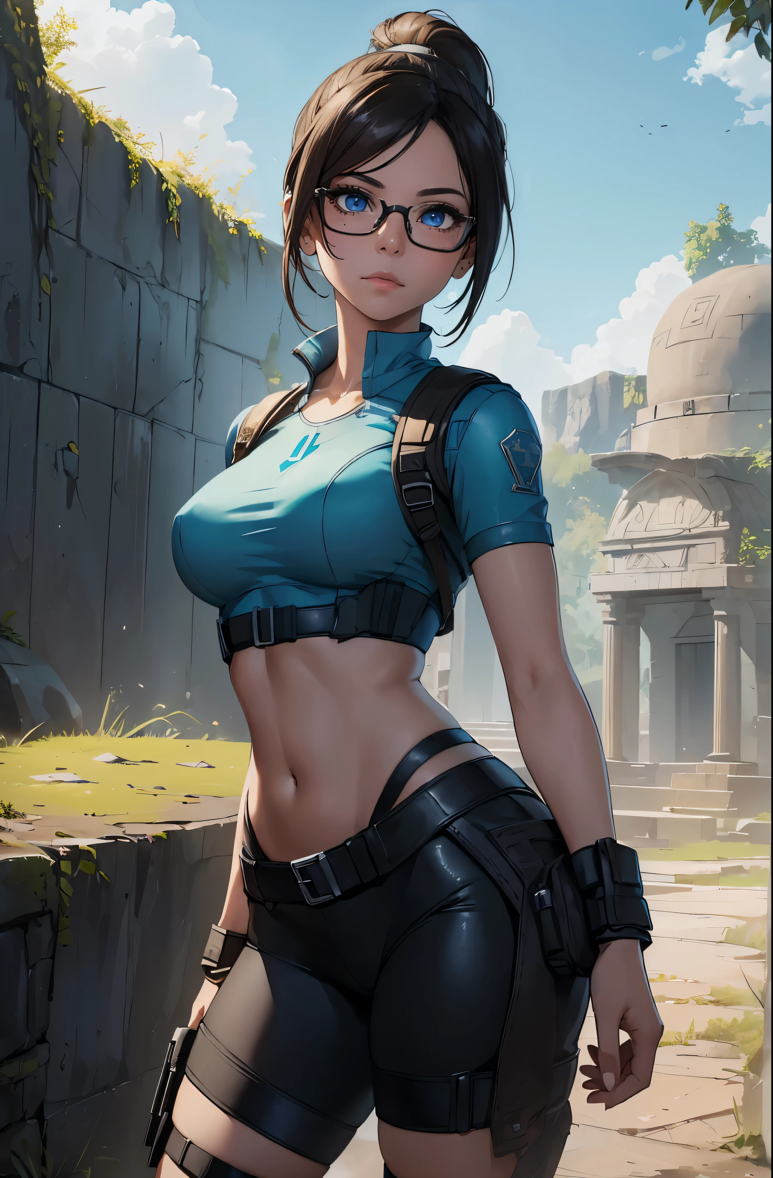 ((Scenery of the ancient cemetery)), A beautiful young explorer girl stands in the picture., ((Wear Jill Valentine&#39;s outfit)), Long black hair in a ponytail, ((wear glasses))