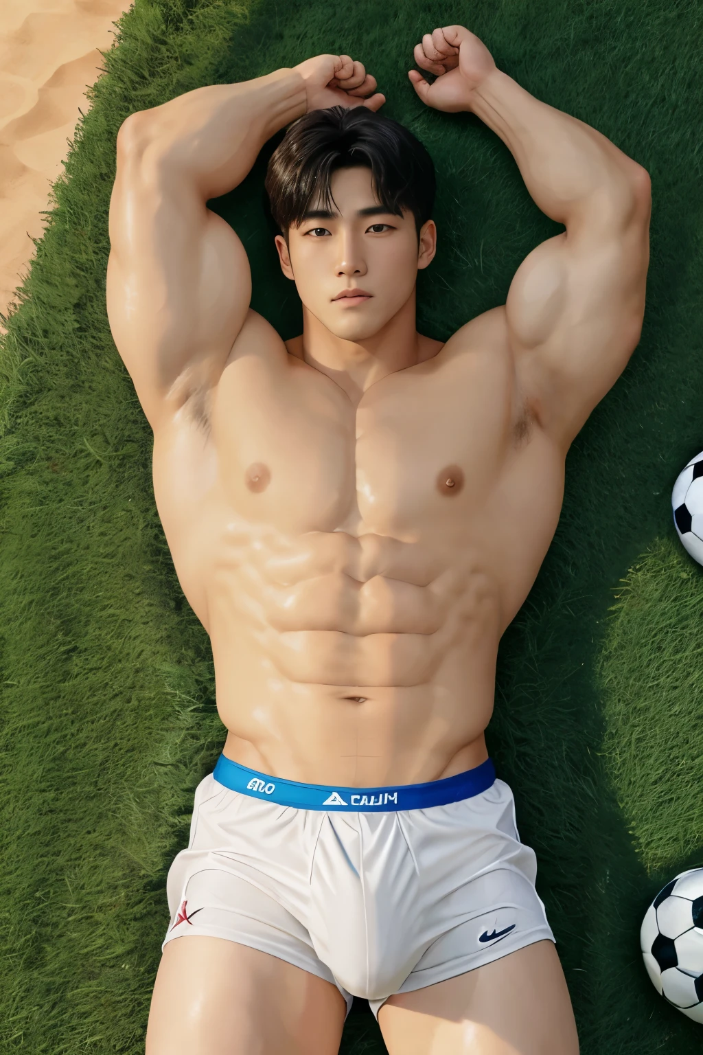 HOMEM COREANO, SEM CAMISA, PEITO MUSCULAR, volume na cueca, bulge, arms up, grande, em campo de futebol