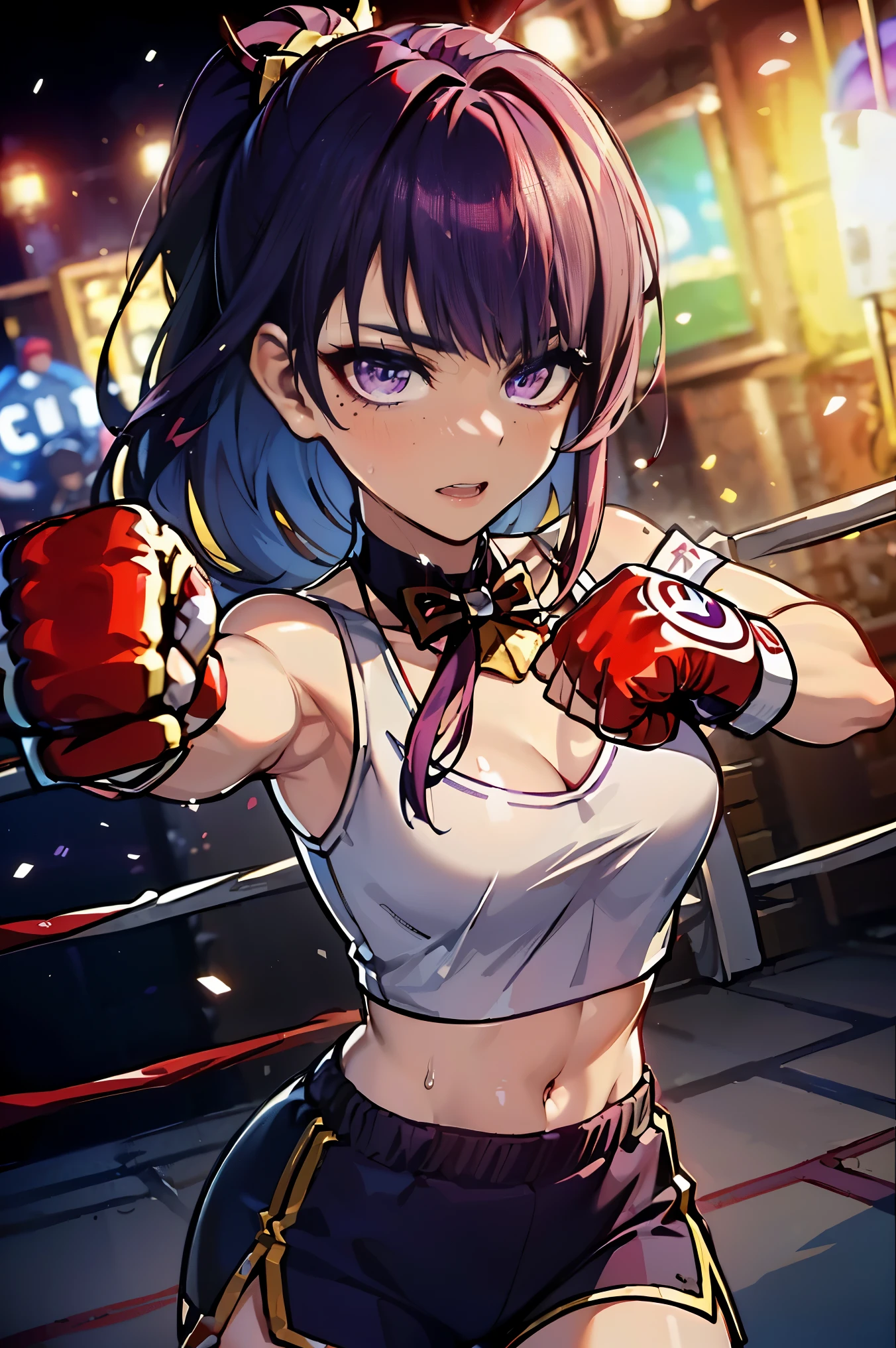 (original) , (very detailed wallpaper) , (best quality) , (masterpiece) , photographic reality, realistic, very detailed illustrations, (1 girl) , beautiful purple eyes, (delicate face) , perfect detail, (best lighting) , (super complex details) , 
 (boxing girl) , (aggressive punching) , sweat, heavy breathing, (oppressive attack) , (boxing ring) , athletic shorts, perfect detail, perfect fingers, perfect limbs, impact, (shiny skin) , abs, muscles, waistline,boxing shorts, fist fight, Dark purple hair, high ponytail, very long hair, 
4K unified, (super detailed CG: 1.2) , (8K: 1.2) , realistic, octane rendering, Chronicle the transformation of the Raiden Shogun from a formidable ruler to a fearsome kickboxing contender, as she embraces the challenge of facing opponents in the ring