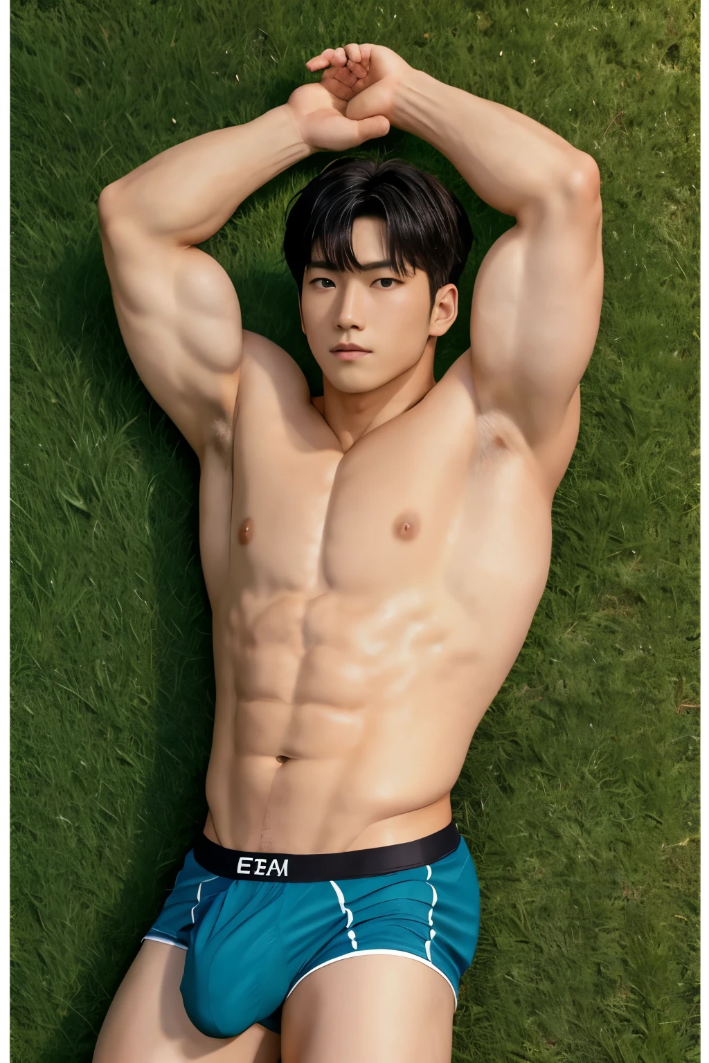 HOMEM COREANO, SEM CAMISA, PEITO MUSCULAR, volume na cueca, bulge, arms up,   grande, em campo de futebol