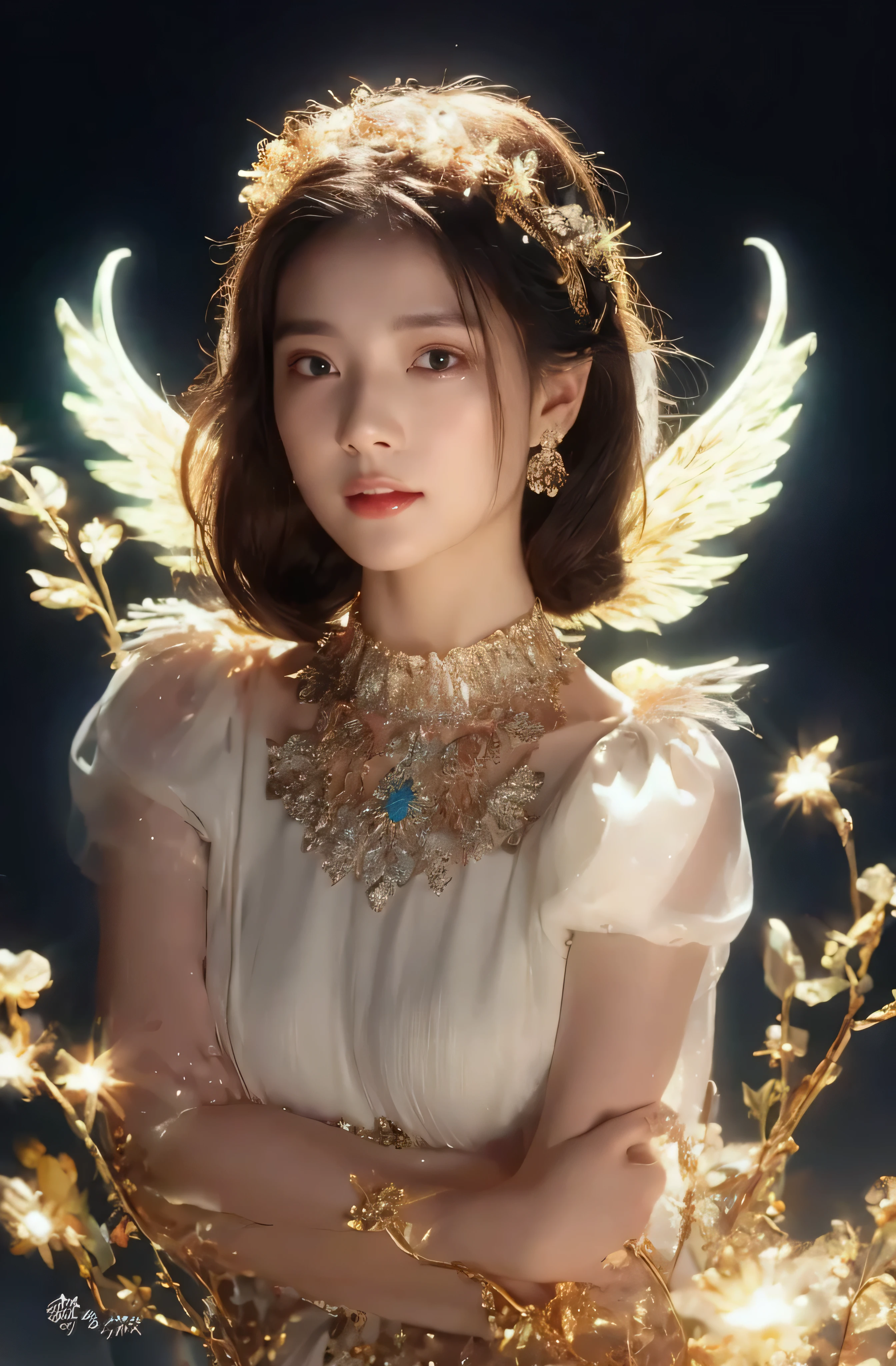 castle in the distance、face is in front、look at the camera、profile、8K、real photos、ultra high resolution, master parts, highest quality, ticker , cinematic images,nice girl、Ann、、Annグロサクソン、double eyelid、droopy eyes、very big eyes、eyes are purple、dark eye shadow、lips are very thin、The tip of your nose grows beautifully.......................................................、small nose,,,,, very detailed , silver hair、straight short hair、smile、 sweet expression 、)、very clear shadows , jewelry , fine eyes, Very difficult, shiny skin , パーフェクトブリリAnnト, perfect sentence, dramatic shadow、white tiara on head、gold necklace around neck、White aristocratic dress with gold embroidery、glass high heels、angel wings