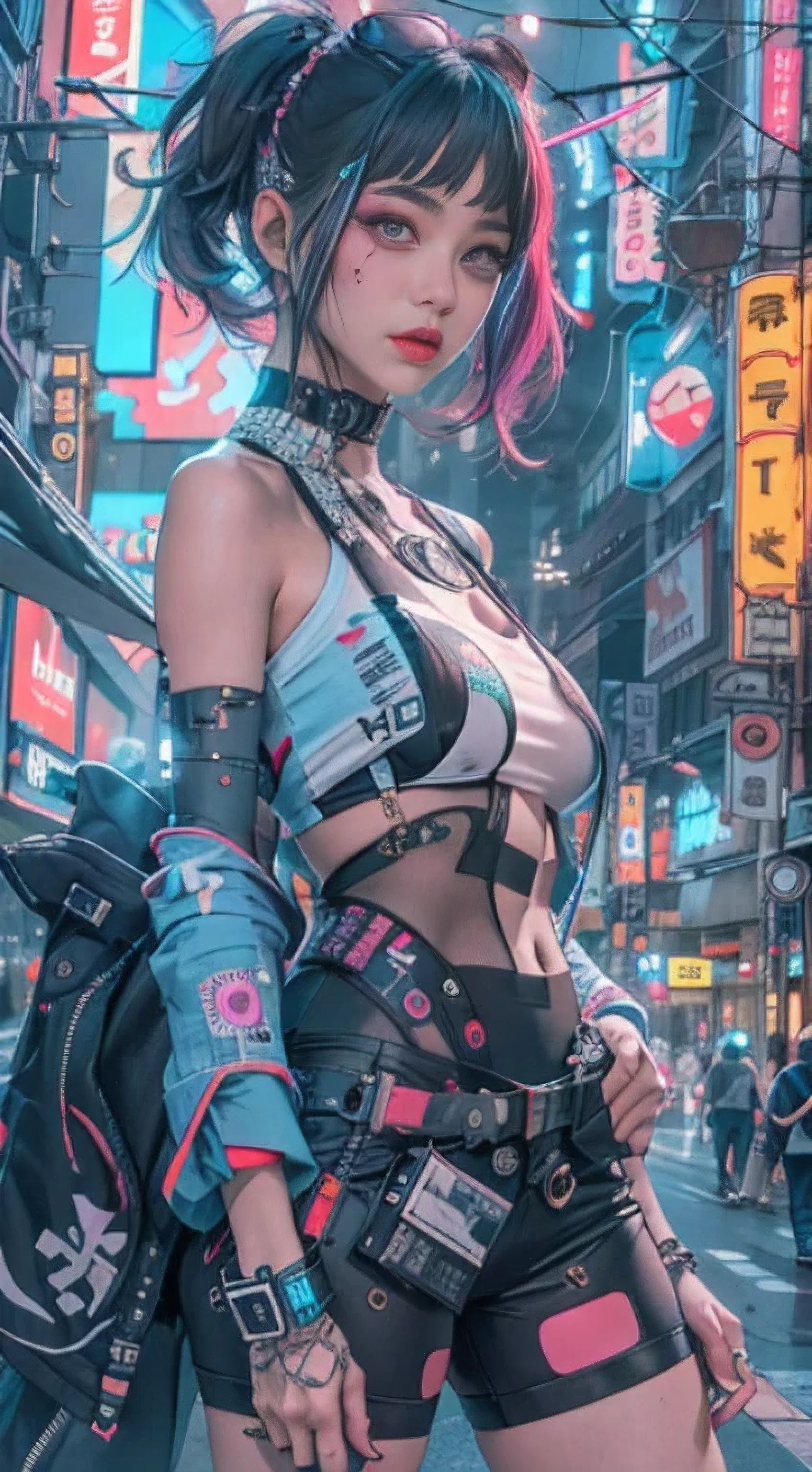 masterpiece, best quality, 2 confident cyberpunk girls, Harajuku-inspired cyberpunk costumes, Bold colors and patterns, eye-catching accessories, Trendy and innovative hairstyles, vibrant makeup, cyberpunk dazzling cityscape, super high-rise building, neon sign, LED lights, Bright and vivid color composition, japanese cartoon movies, illustration, Detailed skin texture, Detailed fabric texture, Beautiful detailed face, intricate details, ultra detail.