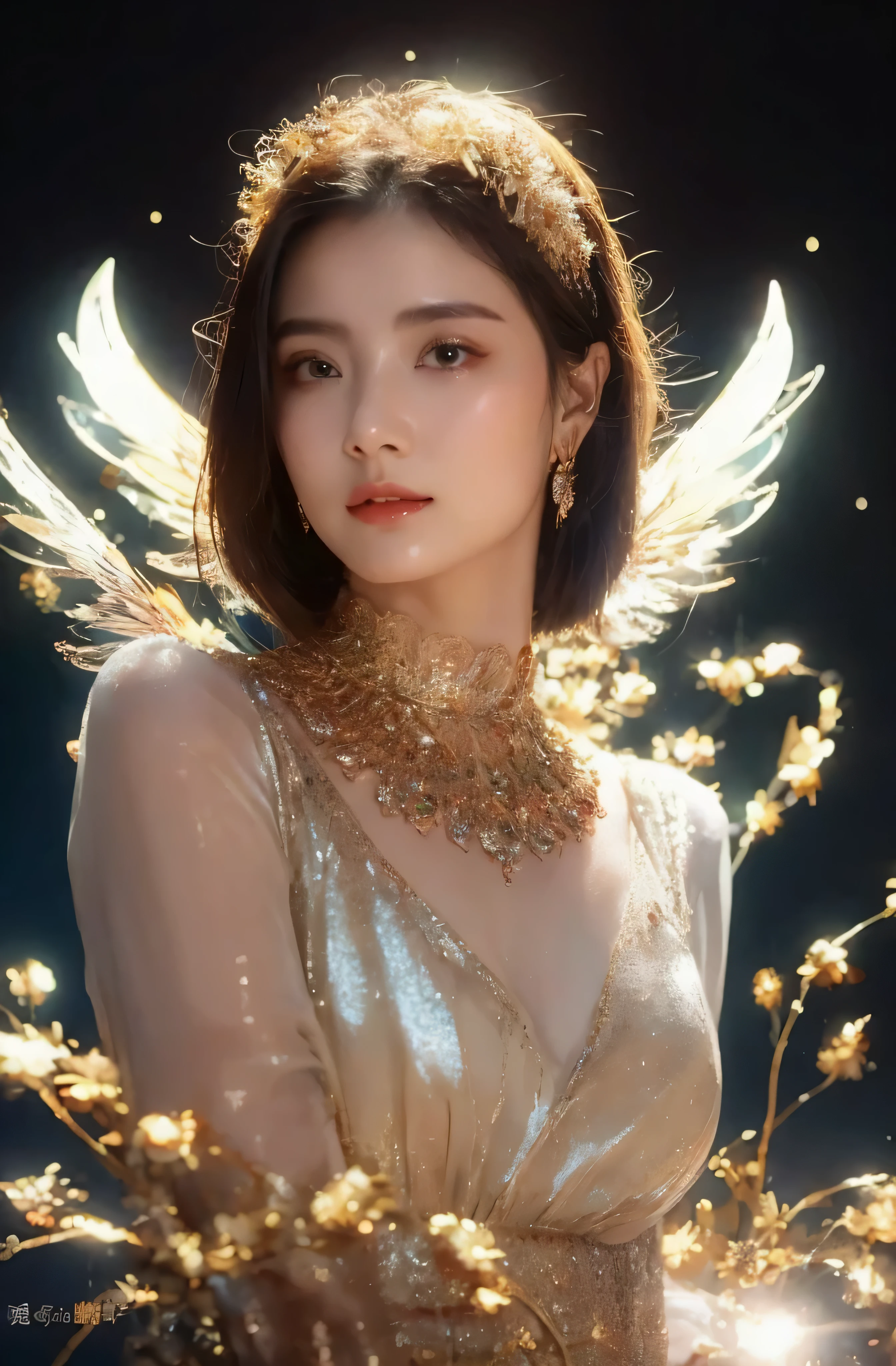 castle in the distance、face is in front、look at the camera、profile、8K、real photos、ultra high resolution, master parts, highest quality, ticker , cinematic images,nice girl、Ann、14 years old、Annグロサクソン、double eyelid、droopy eyes、very big eyes、eyes are purple、dark eye shadow、lips are very thin、The tip of your nose grows beautifully.......................................................、small nose,,,,, very detailed , silver hair、straight short hair、smile、 sweet expression 、）、very clear shadows , jewelry , fine eyes, Very difficult, shiny skin , パーフェクトブリリAnnト, perfect sentence, dramatic shadow、white tiara on head、gold necklace around neck、White aristocratic dress with gold embroidery、glass high heels、angel wings